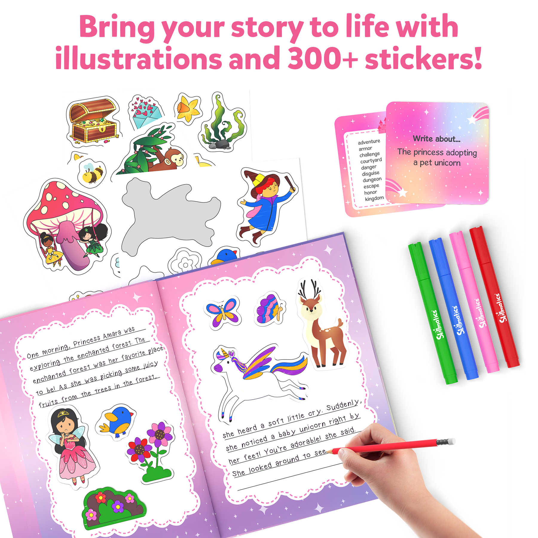 Skillmatics Storybook Art Kit - Unicorn & Princesses Art Kit for Kids, Write & Create Fairytale Storybooks, Creative Activity for Girls, DIY Kit, 150+ Stickers, Gifts for Ages 5, 6, 7, 8, 9, 10