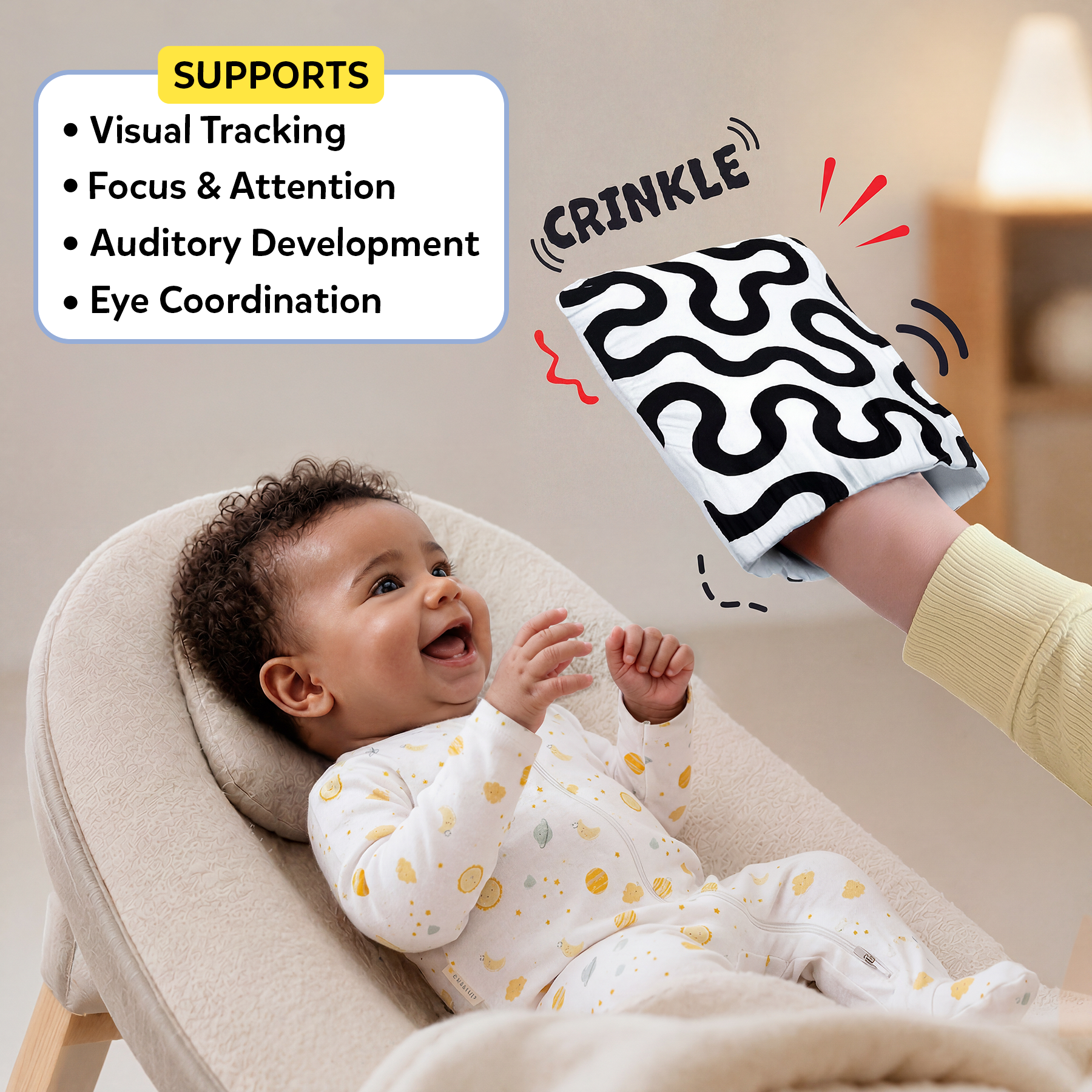 High Contrast Crinkle Toy – 4 Wearable Black & White Sensory Cloth Crinklers