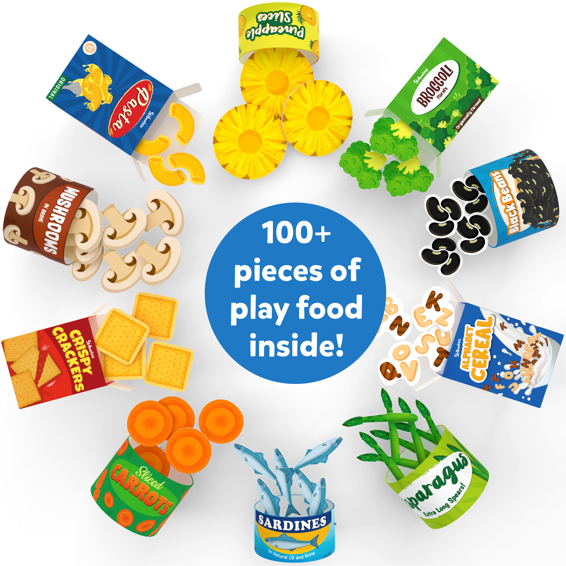 Skillmatics Grocery Set - 100+ Pieces, 10 Containers with Play Food Inside, Realistic Pretend Play Toys for Kids Kitchen Set, Gift for Girls & Boys Ages 3 & Up