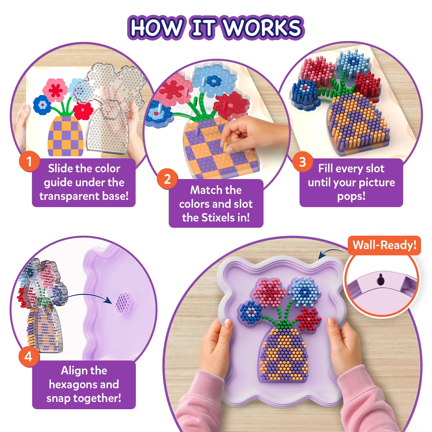 Step-by-step guide on how to use a bead art kit with colorful flowers and a pineapple.