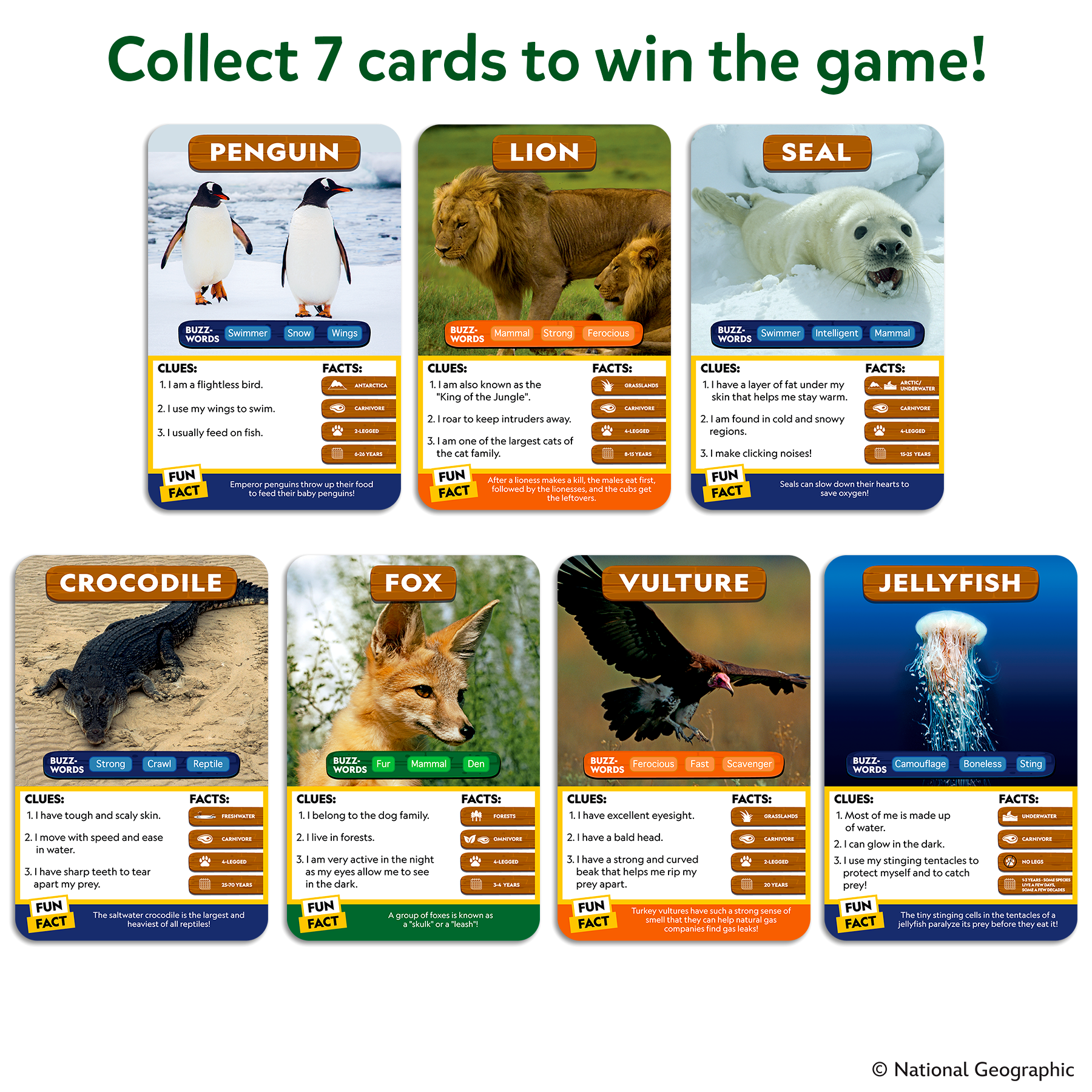 Set of animal-themed cards with penguins, lion, seal, crocodile, fox, vulture, and jellyfish on a white background.