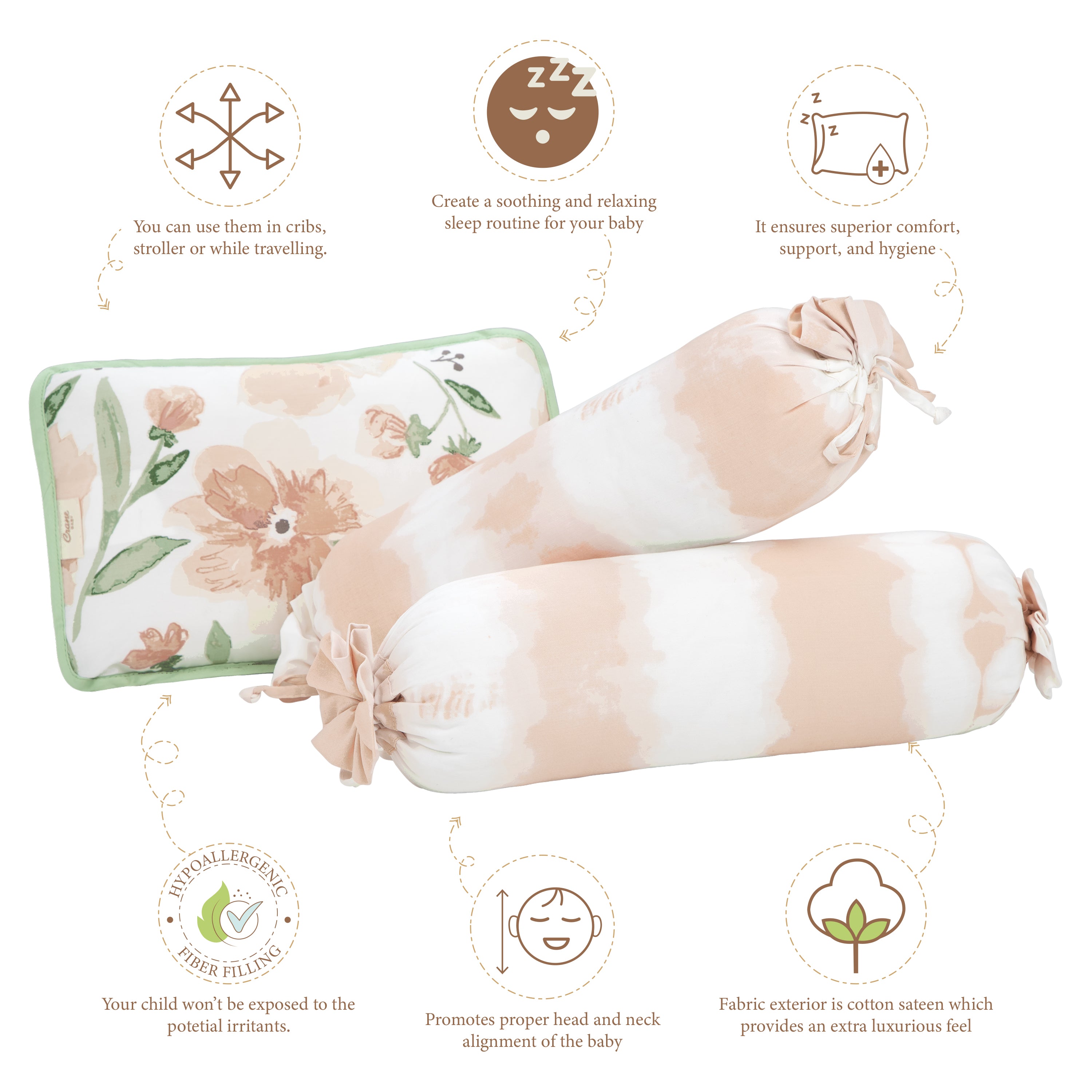 Crane Baby Pillow And Bolster Set Parker Collection, Pack Of 3 - Pink