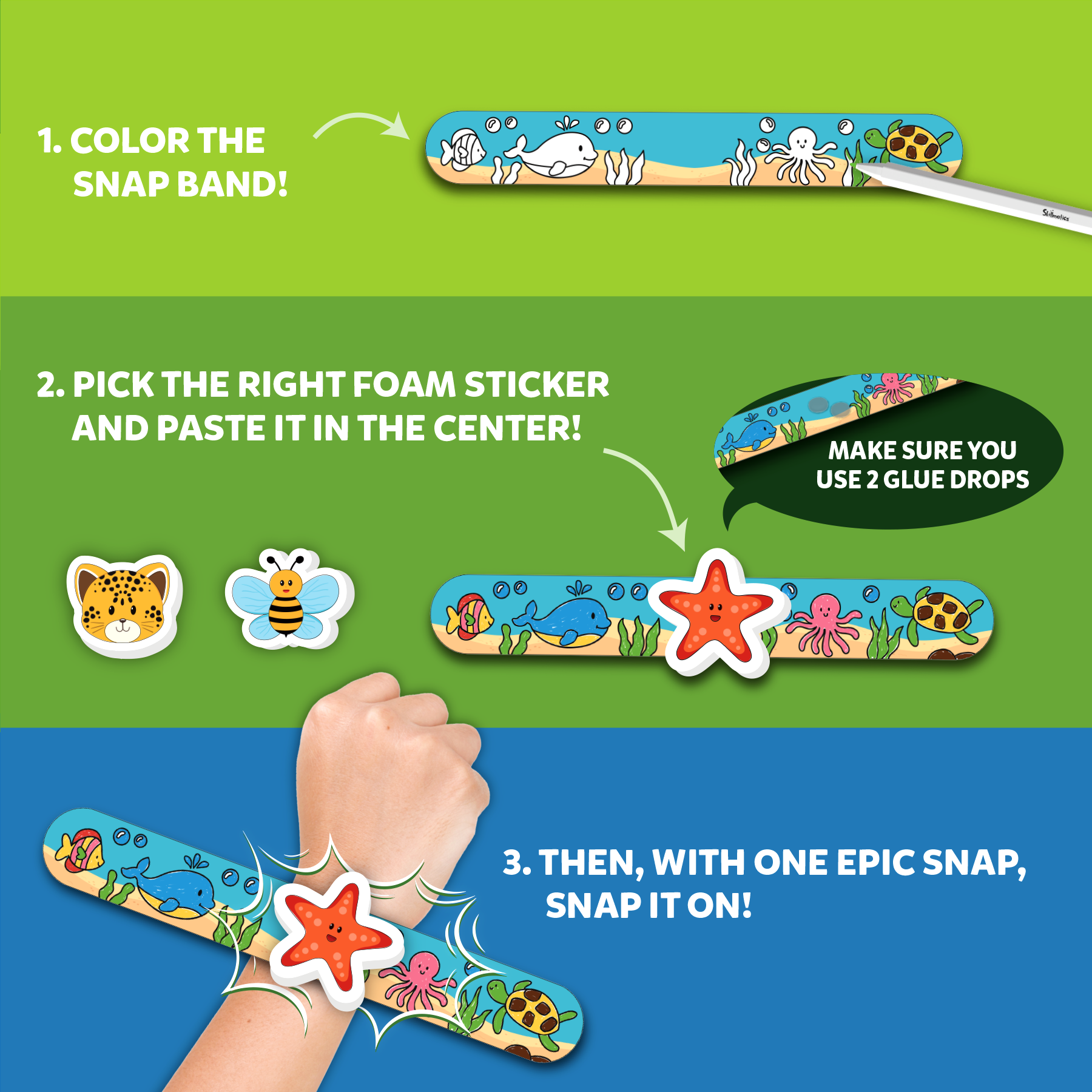 Skillmatics Craft Activity - Snap Bandz, Animals, DIY Art & Craft Activity, Mess-Free, Creative Kit, 8 Bands (8.6"), Gifts for Boys & Girls Ages 4, 5, 6, 7, 8, 9, 10