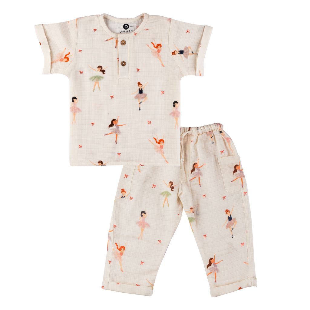 Children's outfit with top and pants featuring ballerina print on a white background