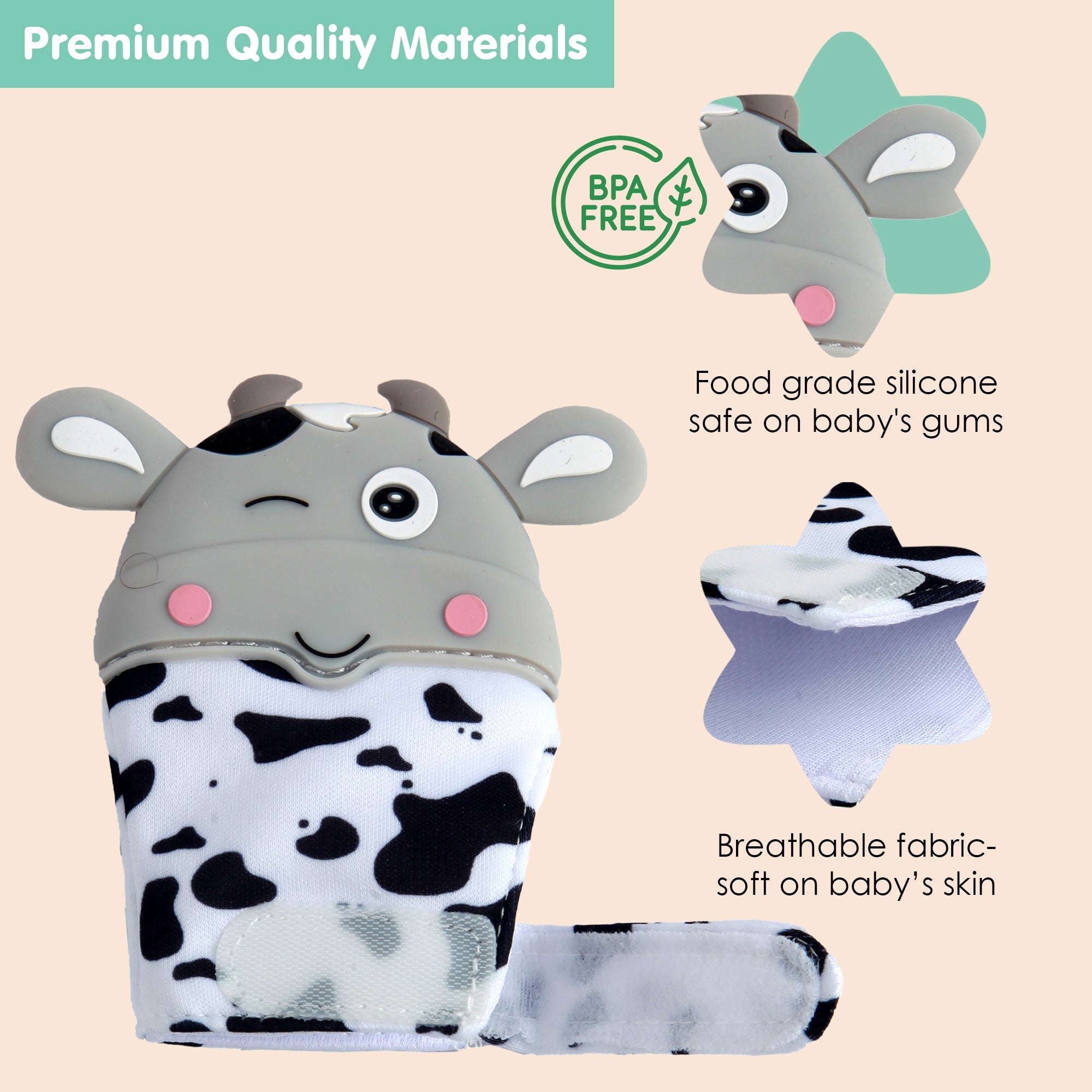 Winking Cow Grey Teething Mitten - 1 pc