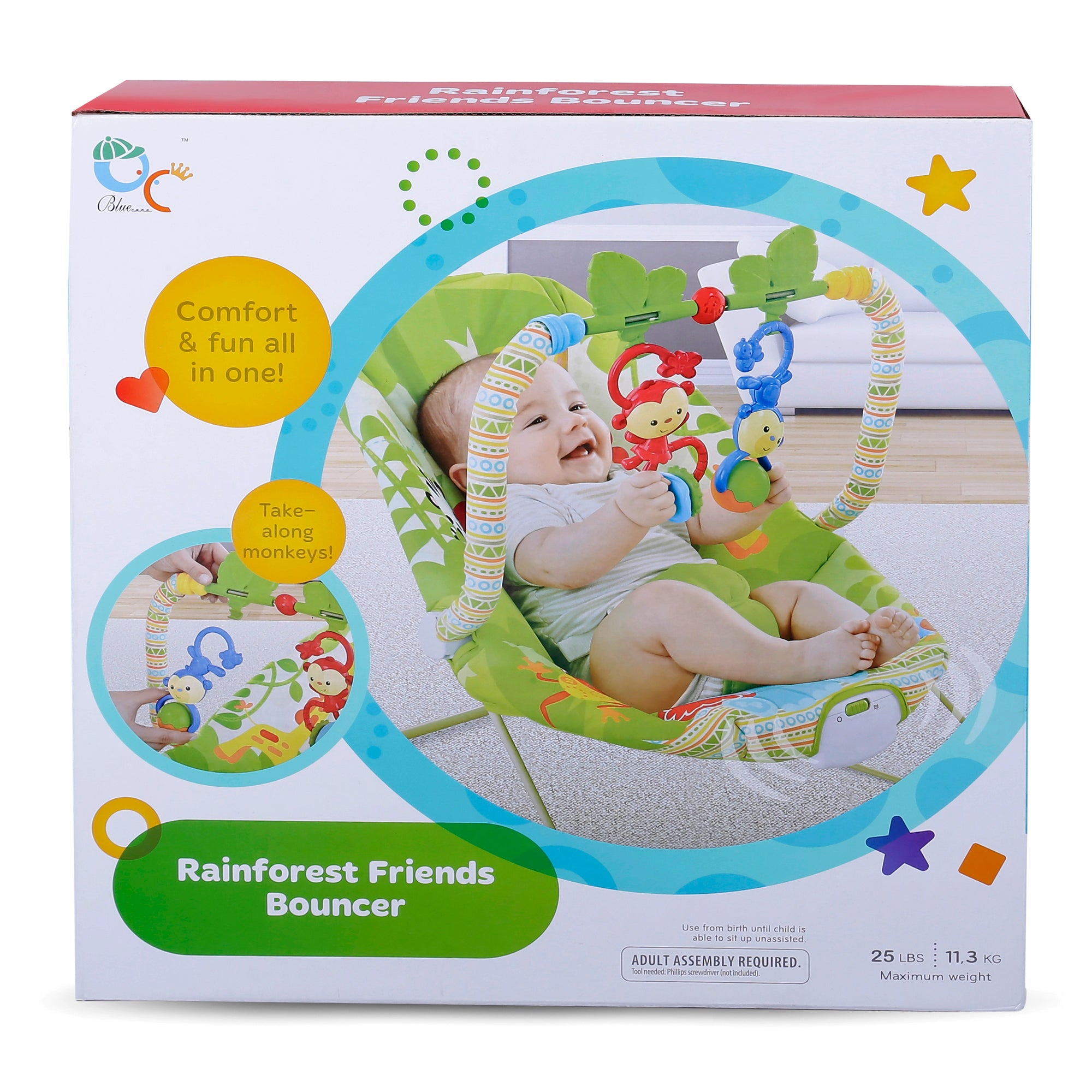 Baby Moo Jungle Friends Soothing Vibrations Bouncer Rocker With Musical Hanging Toys - Green