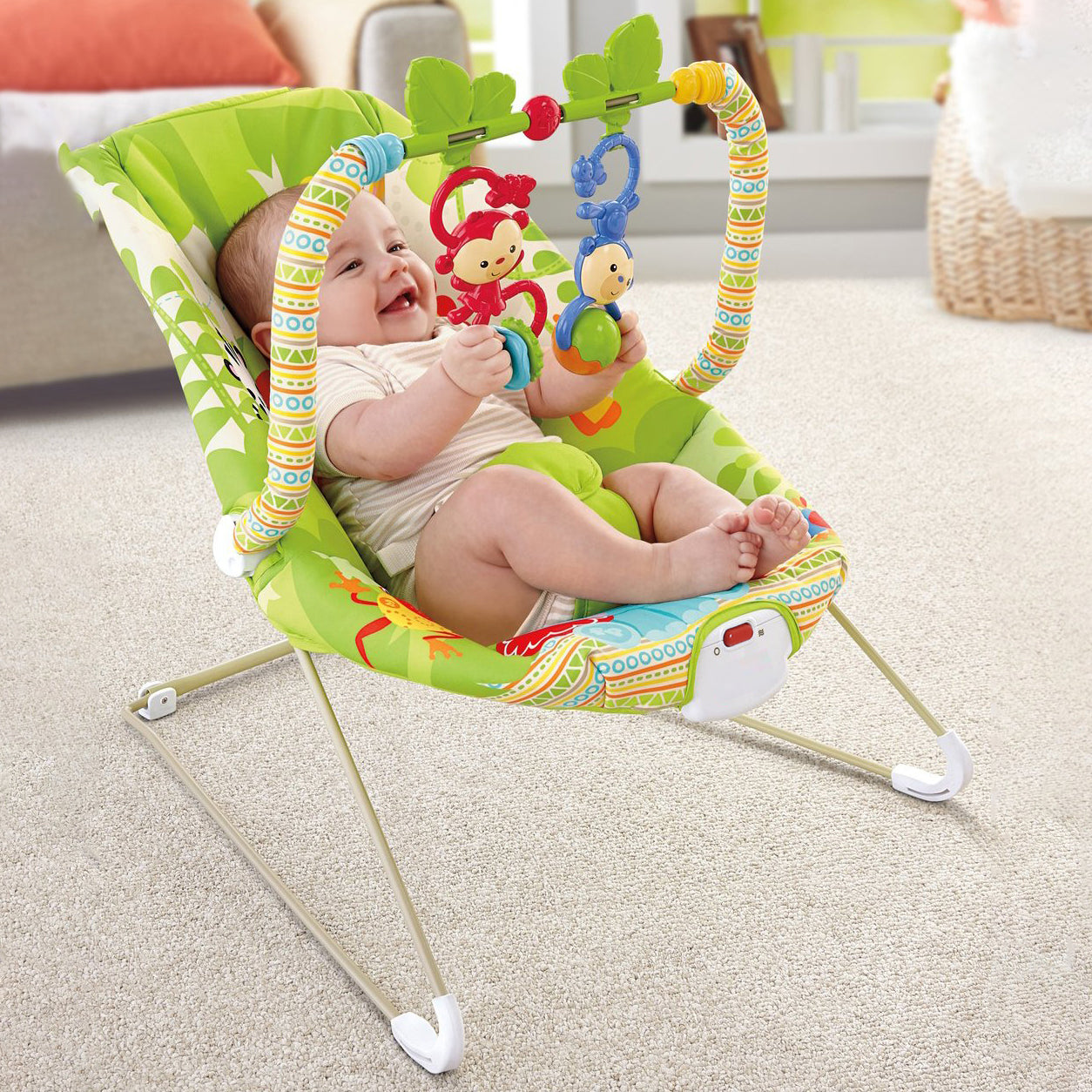 Baby Moo Jungle Friends Soothing Vibrations Bouncer Rocker With Musical Hanging Toys - Green