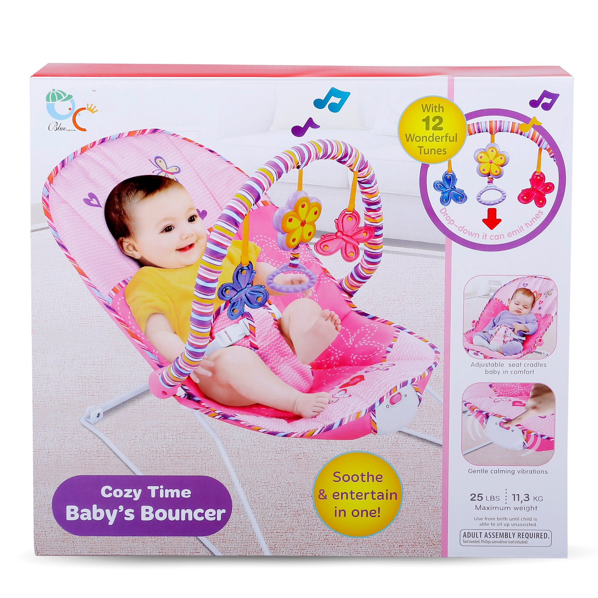 Baby Moo Jungle Friends Soothing Vibrations Bouncer Rocker With Musical Hanging Toys - Pink