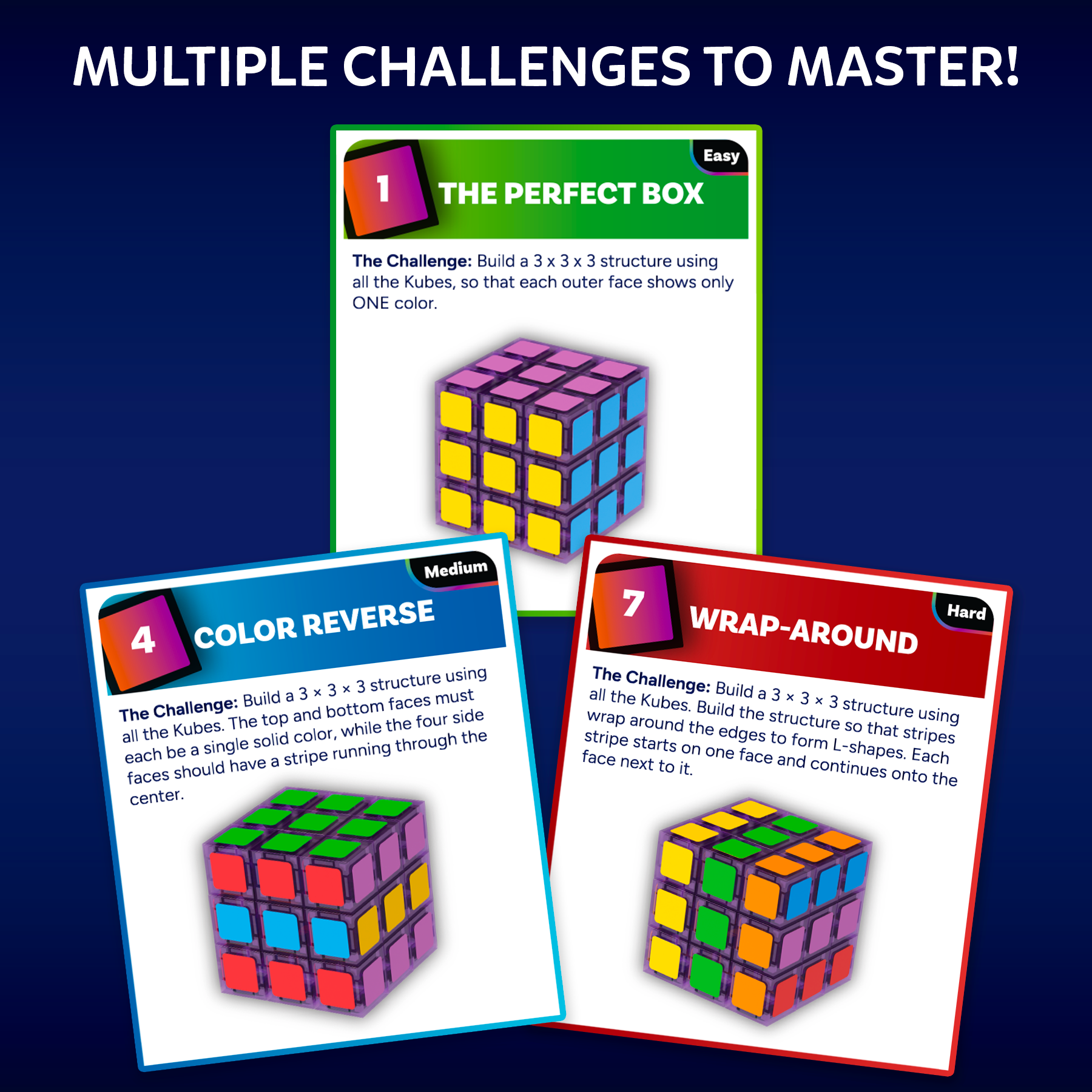 Three Rubik's Cube challenge cards with colorful cube illustrations on a blue background.