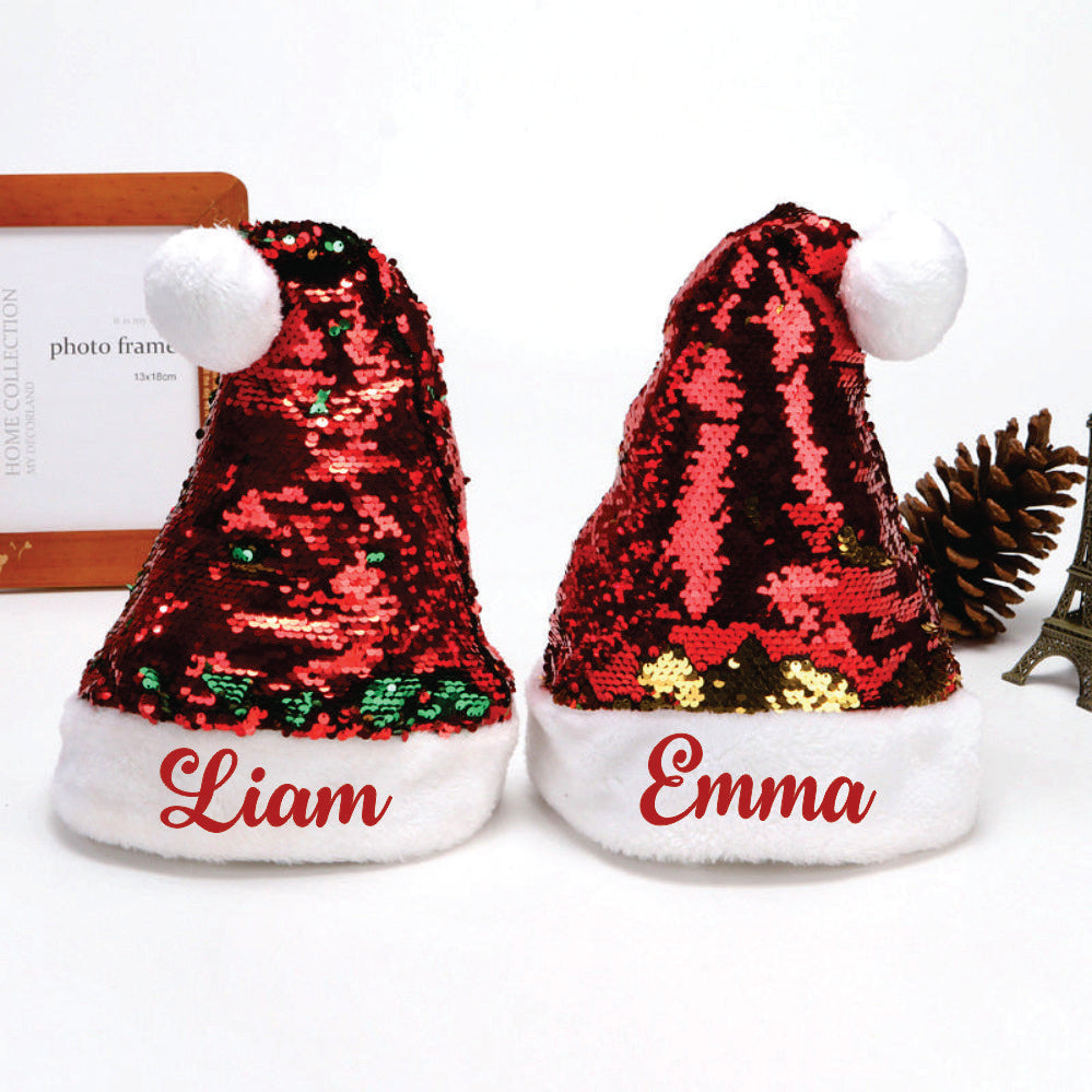 Personalised Sequins Santa Caps - (Green And Red)