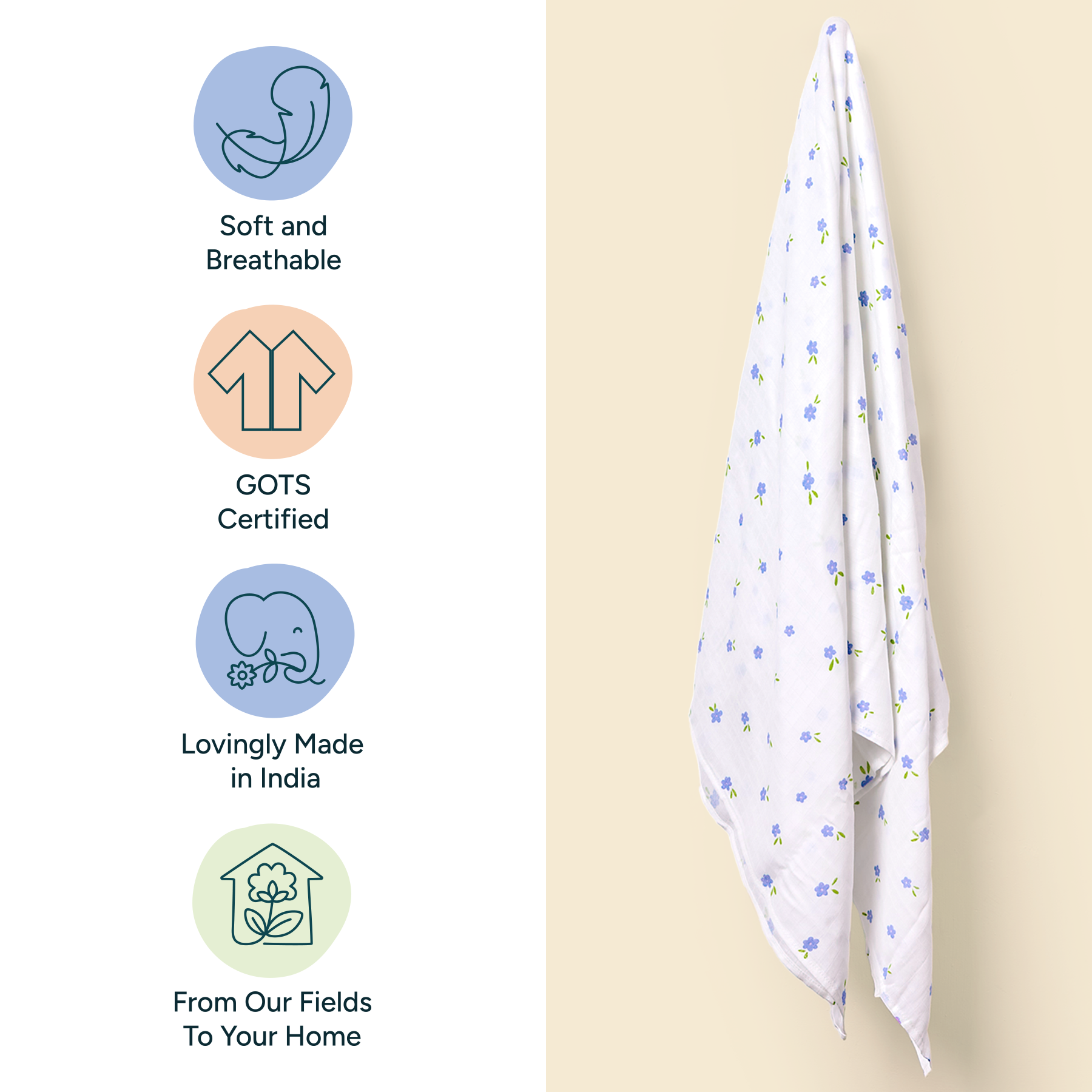 Nintara Baby Extra-Large Swaddle - 100% Organic Premium Muslin Cotton, 47" x 47" (119 cm x 119 cm), Ultra-Soft, Breathable & Lightweight, Multipurpose, Unisex, Hypoallergenic, Gifts for Newborn Babies