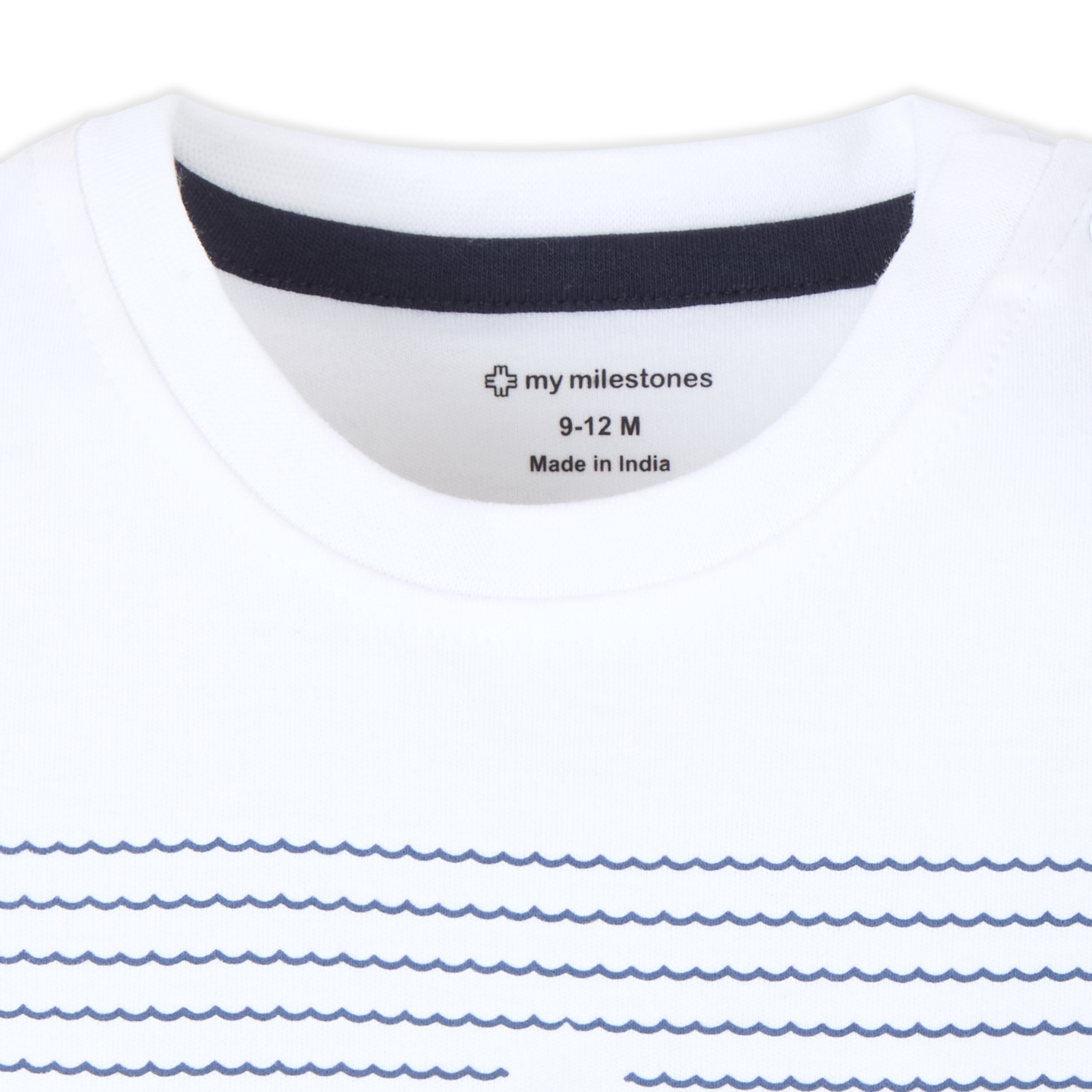 Puff Print Baby Boy Round Neck Tee with Denim Shorts - White & Blue