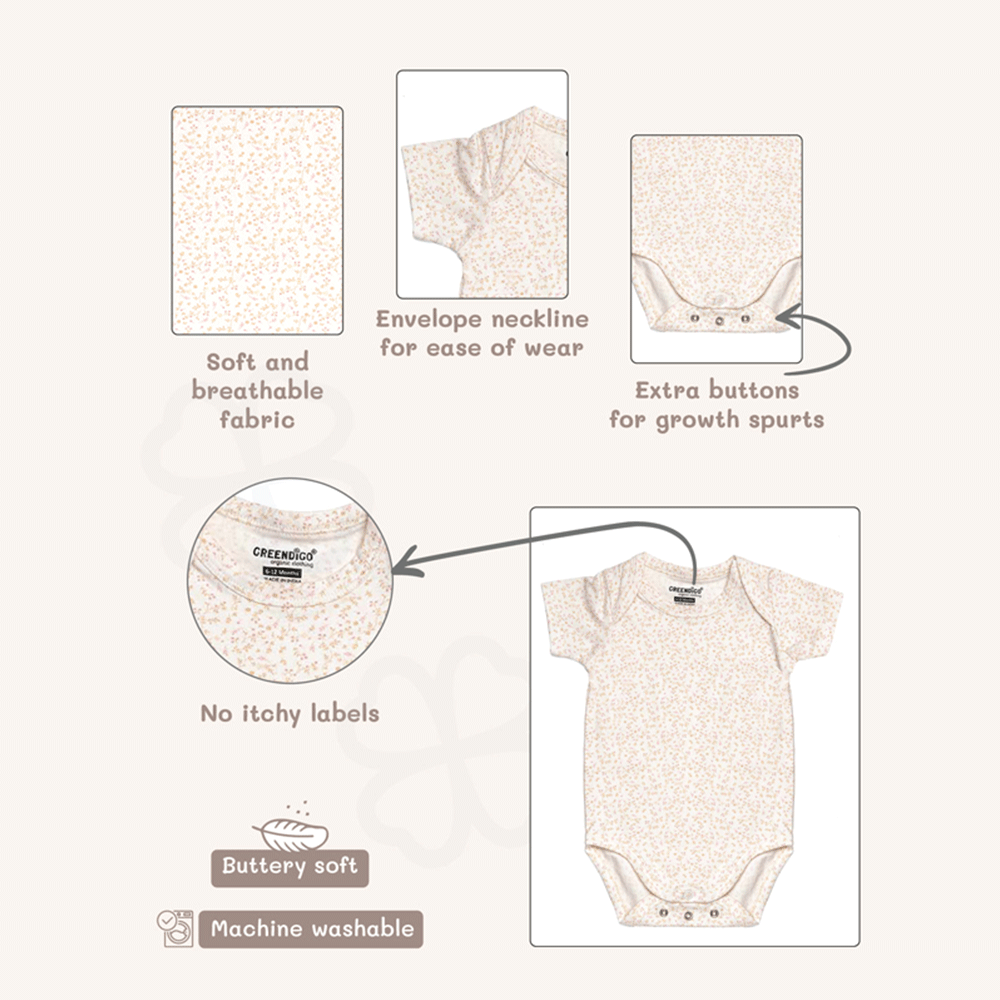 Greendigo 100% Organic Cotton Off White Printed Bodysuit For New Born Baby Boys And Baby Girls