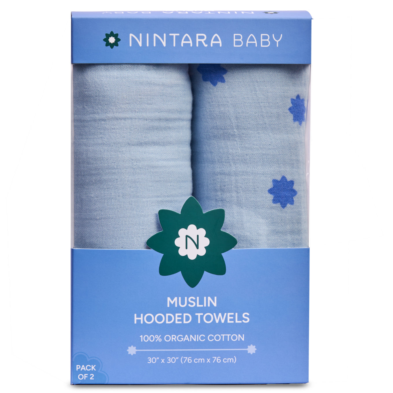 Nintara Baby Hooded Towel - 100% Organic Premium Muslin Cotton, 30" x 30" (76 cm x 76 cm), Ultra-Absorbent, Soft, Breathable, Hypoallergenic, Multipurpose, Gifts for Babies & Infants