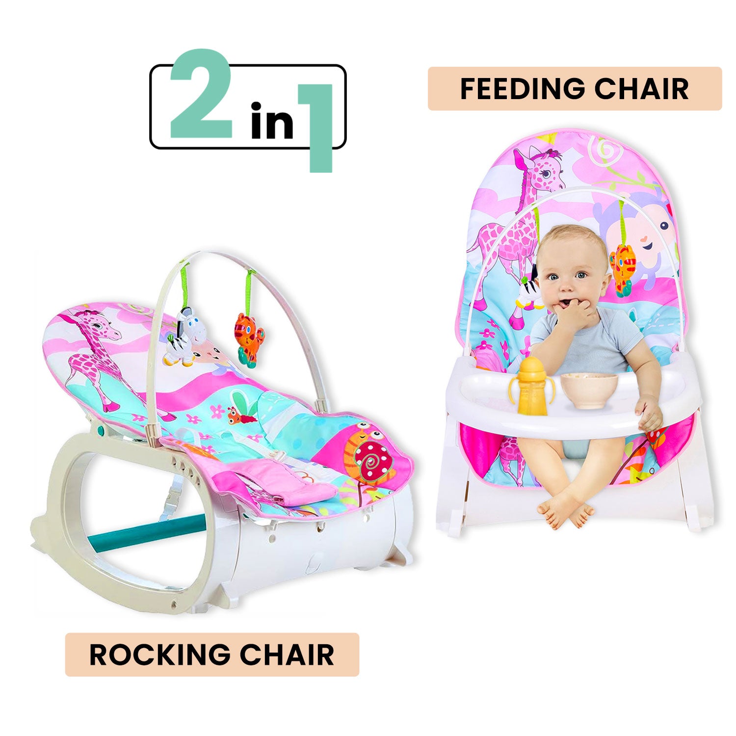 Baby Moo 2 In 1 Rocker Cum Feeding Chair 20 Kg Pink /Green