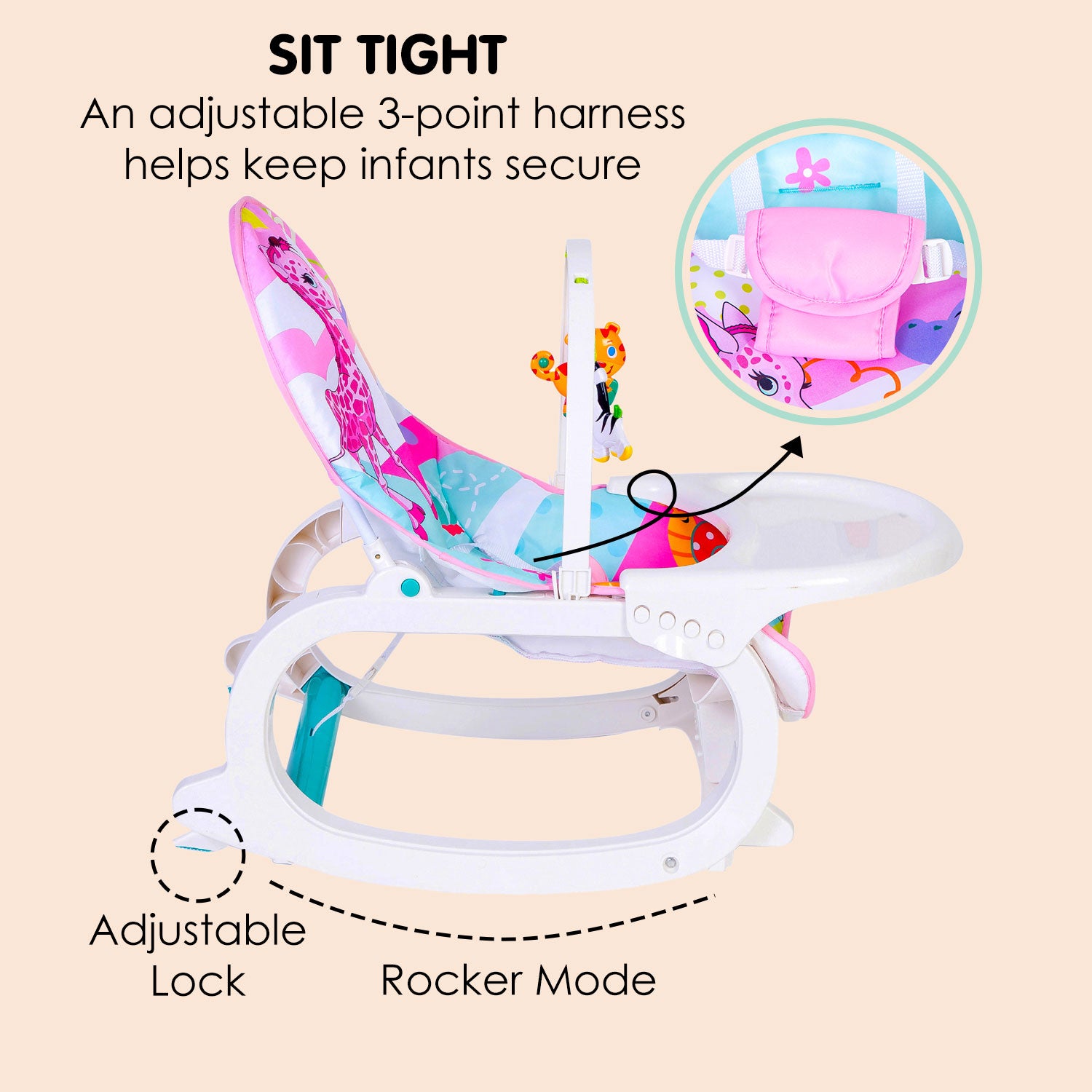 Baby Moo 2 In 1 Rocker Cum Feeding Chair 20 Kg Pink /Green