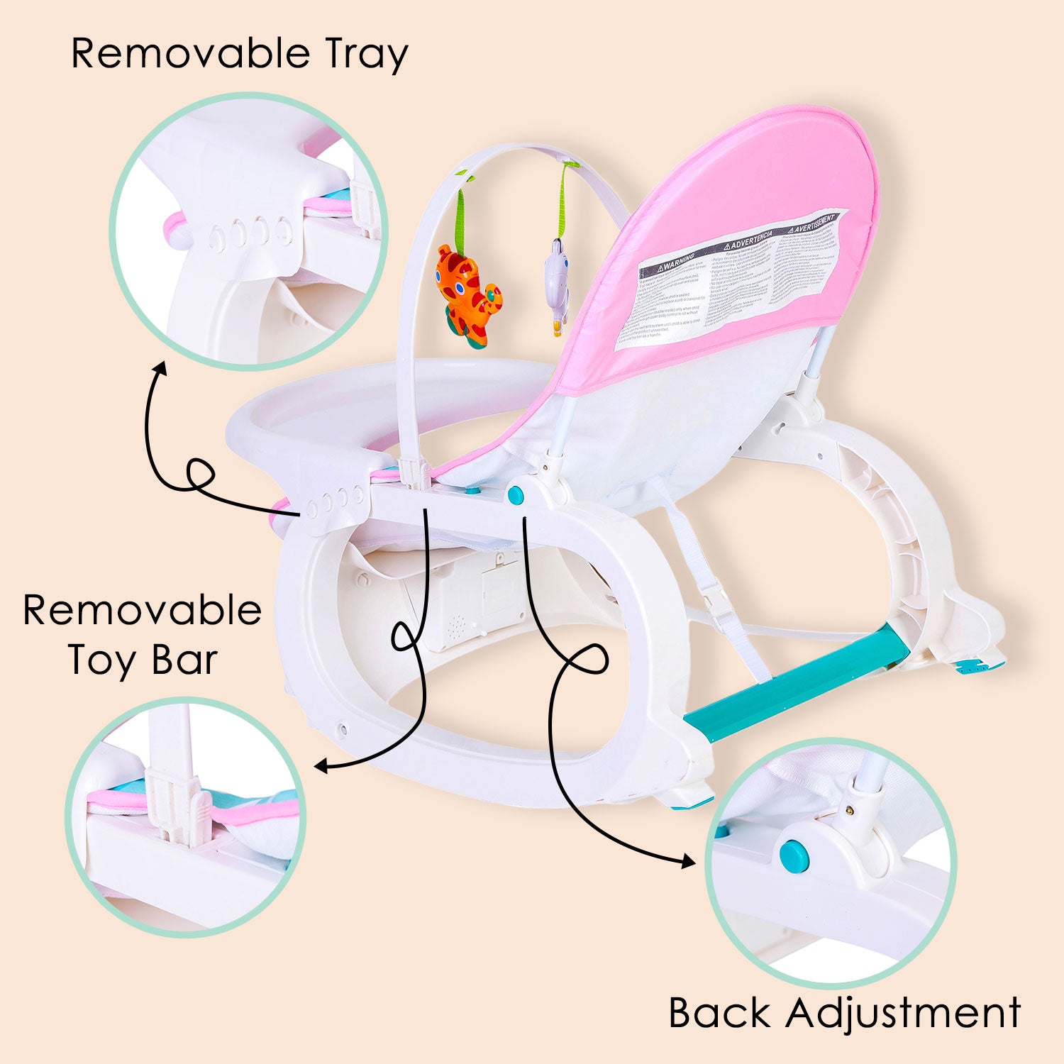 Baby Moo 2 In 1 Rocker Cum Feeding Chair 20 Kg Pink /Green