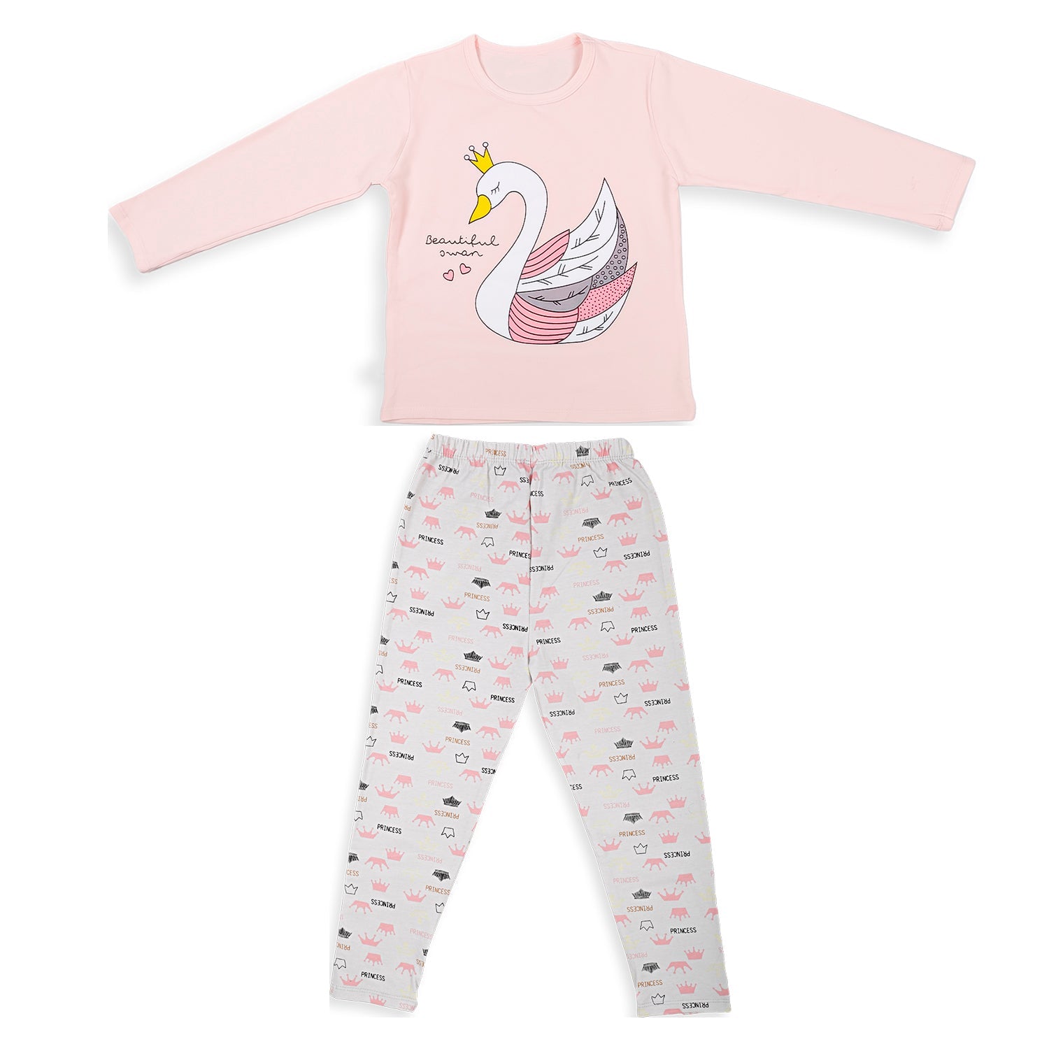 Night Suit Cotton Tshirt And Pyjama Princess Swan Pink - Baby Moo