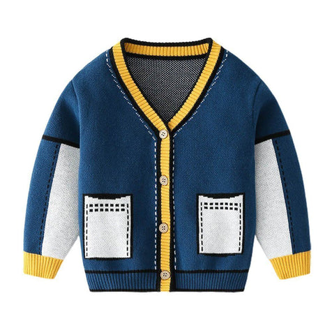 Kids Navy Blue With Striking Mustard Stripes Cardigan Sweater V Neck