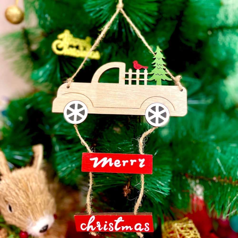 Wooden Merry Christmas Truck Ornament - Cream