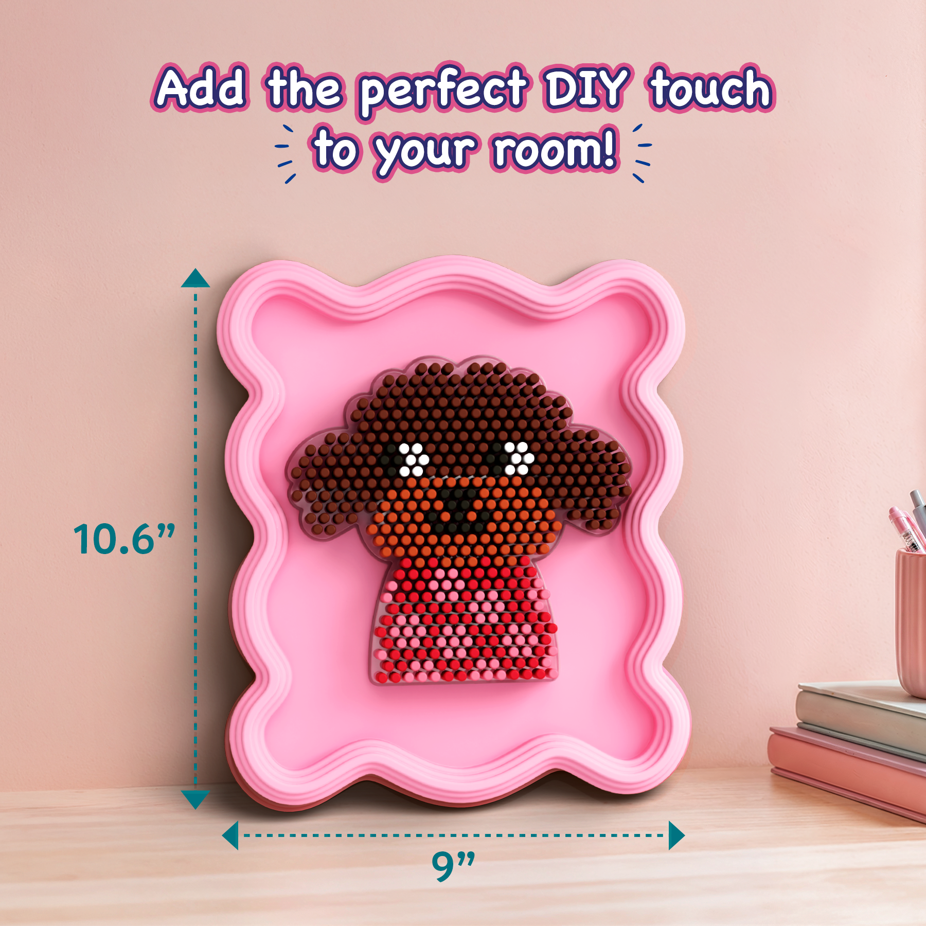 Pink wall art with a bear design and measurements on a pink background