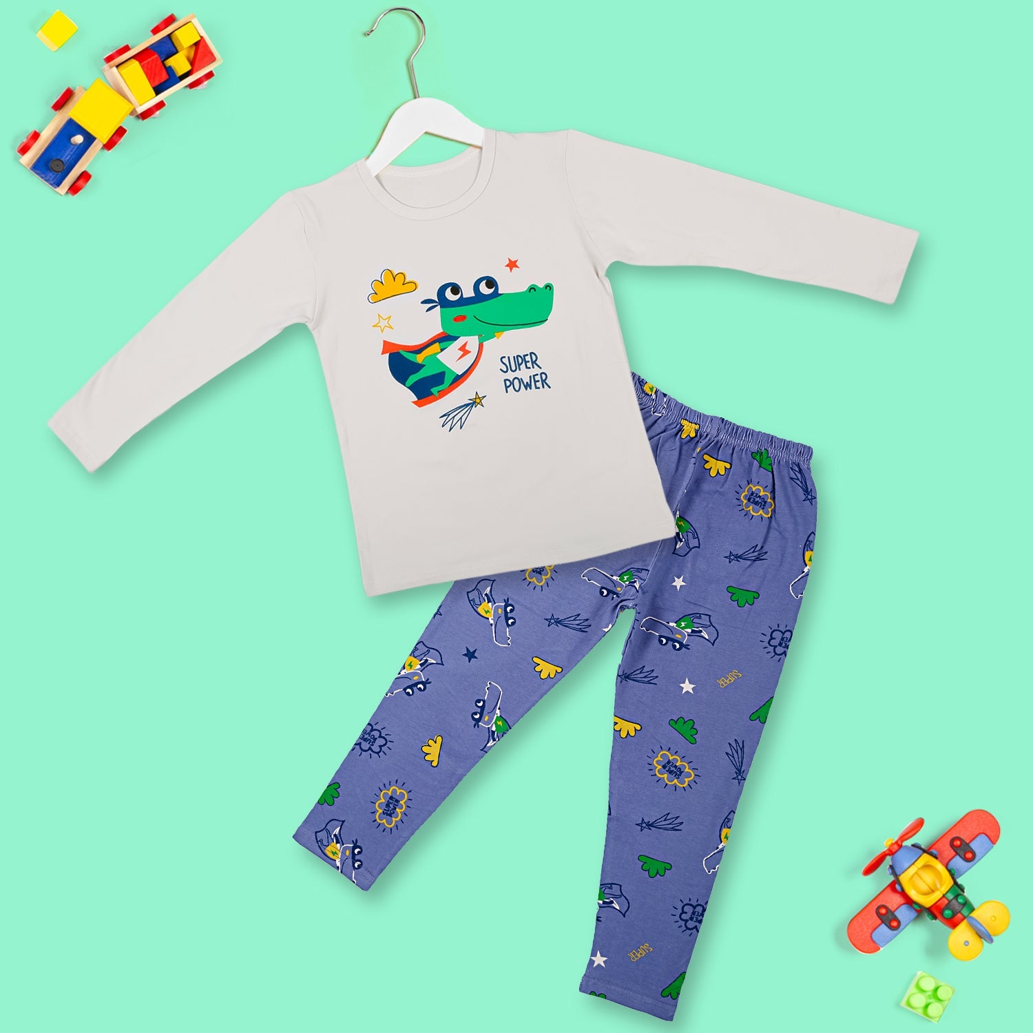 Night Suit Cotton Tshirt And Pyjama Super Frog Grey - Baby Moo