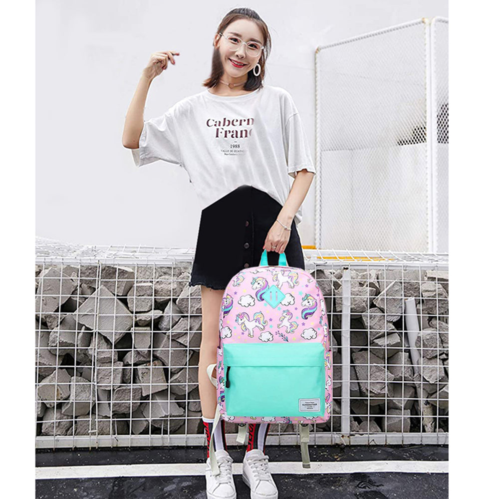 Clouds & Unicorns 3 Pcs Matching Backpack With Lunch Bag & Stationery Pouch, Green & Pink