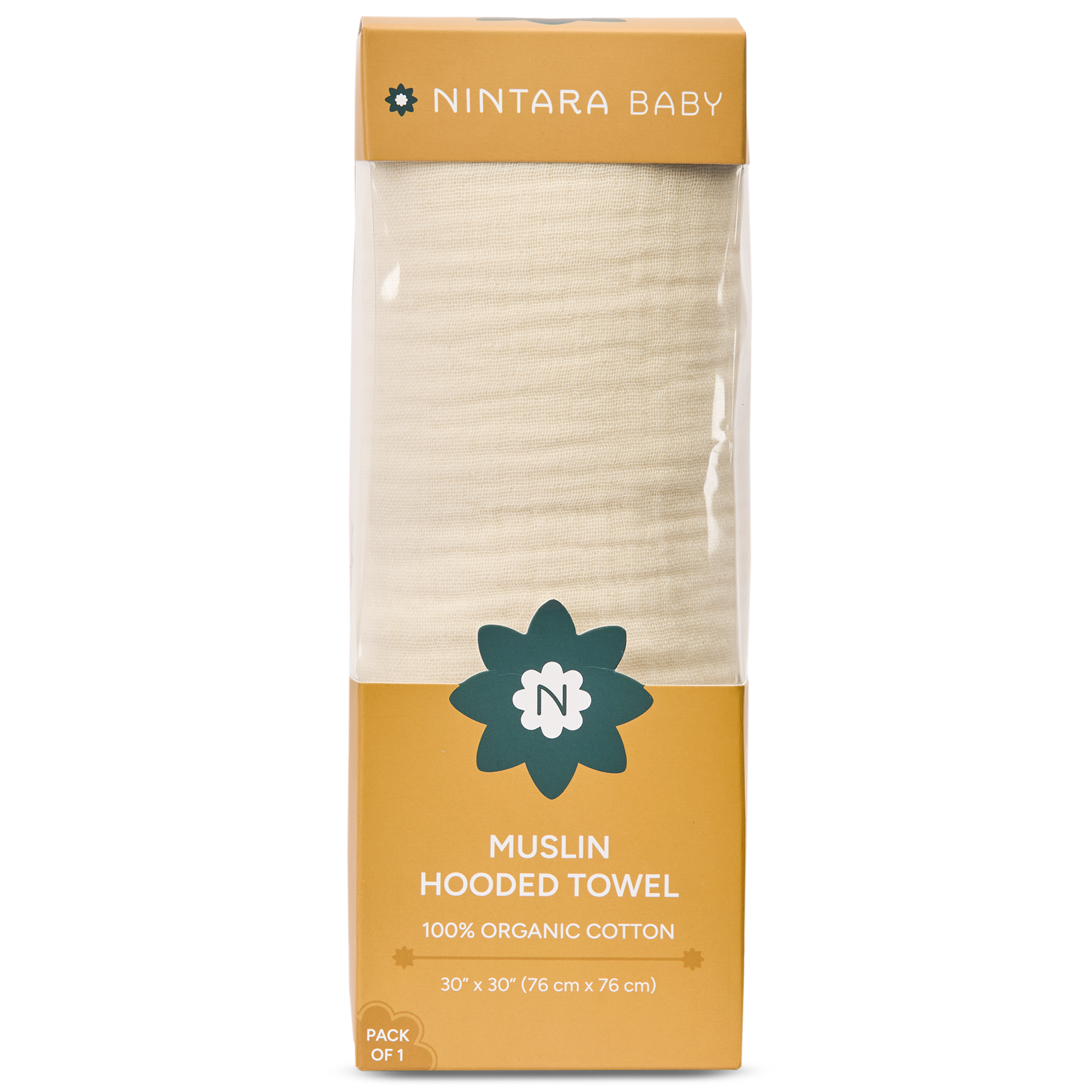 Nintara Baby Hooded Towel - 100% Organic Premium Muslin Cotton, 30" x 30" (76 cm x 76 cm), Ultra-Absorbent, Soft, Breathable, Hypoallergenic, Multipurpose, Gifts for Babies & Infants