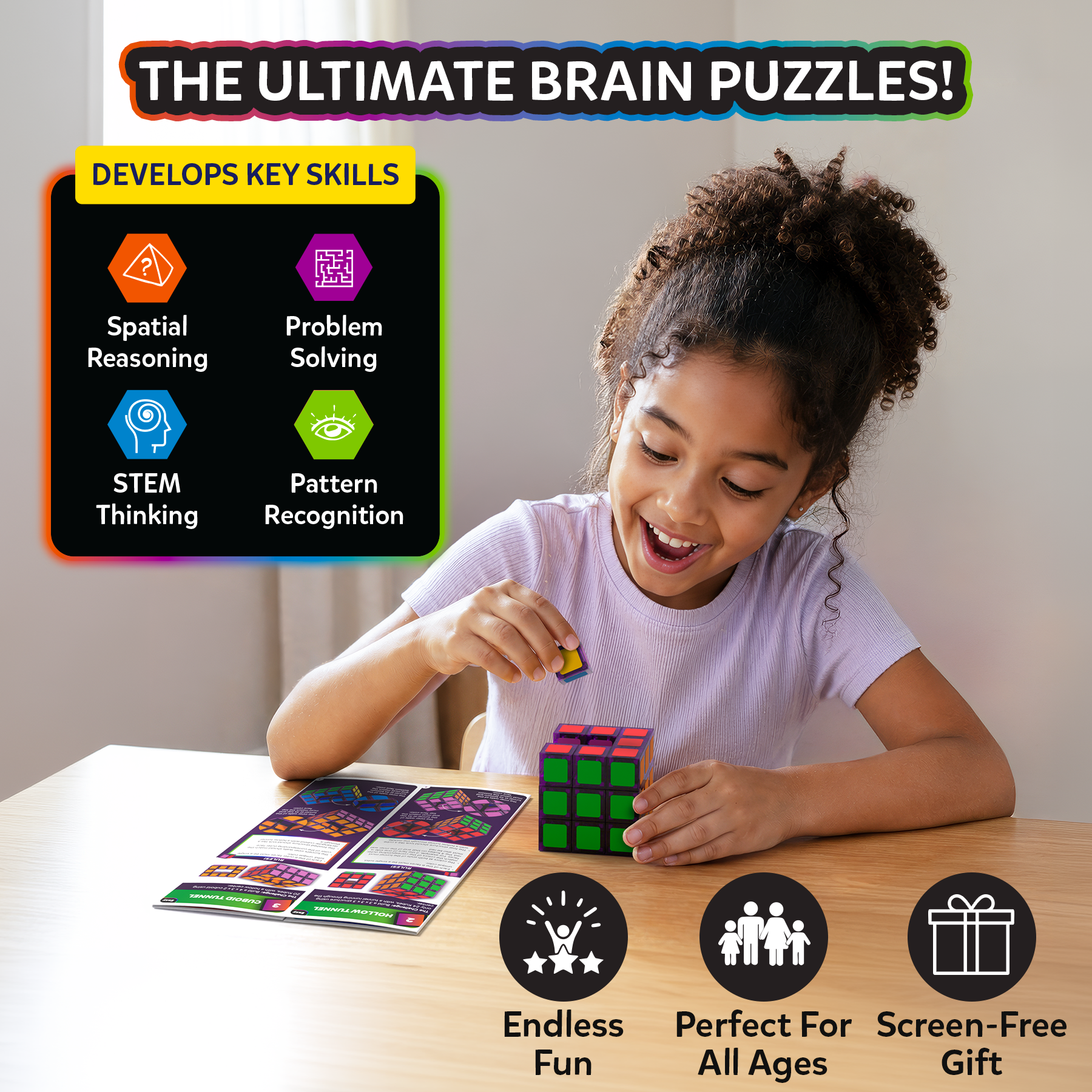 Child playing with a Rubik's Cube and educational cards on a table, with text highlighting brain puzzle benefits.