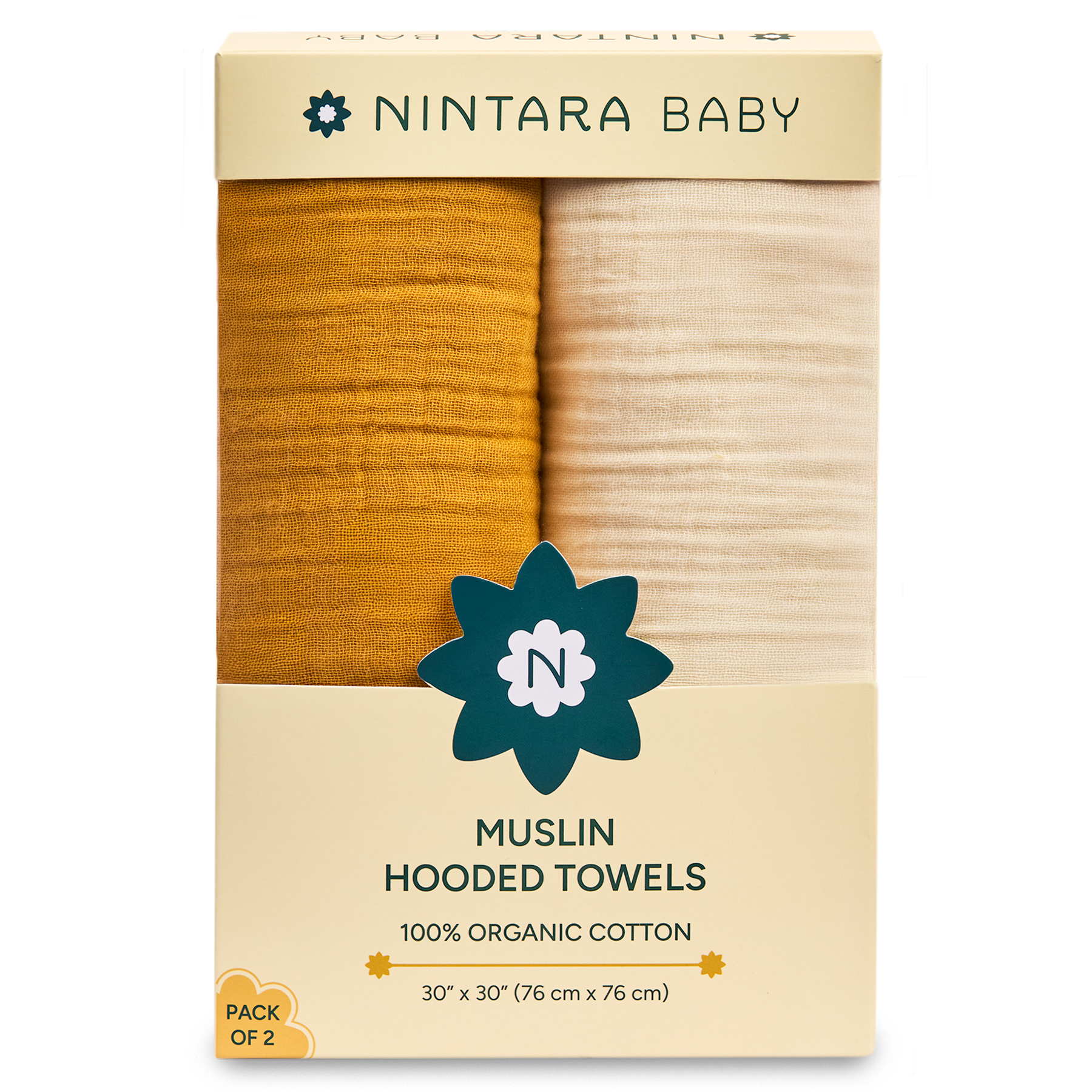 Nintara Baby Hooded Towel - 100% Organic Premium Muslin Cotton, 30" x 30" (76 cm x 76 cm), Ultra-Absorbent, Soft, Breathable, Hypoallergenic, Multipurpose, Gifts for Babies & Infants