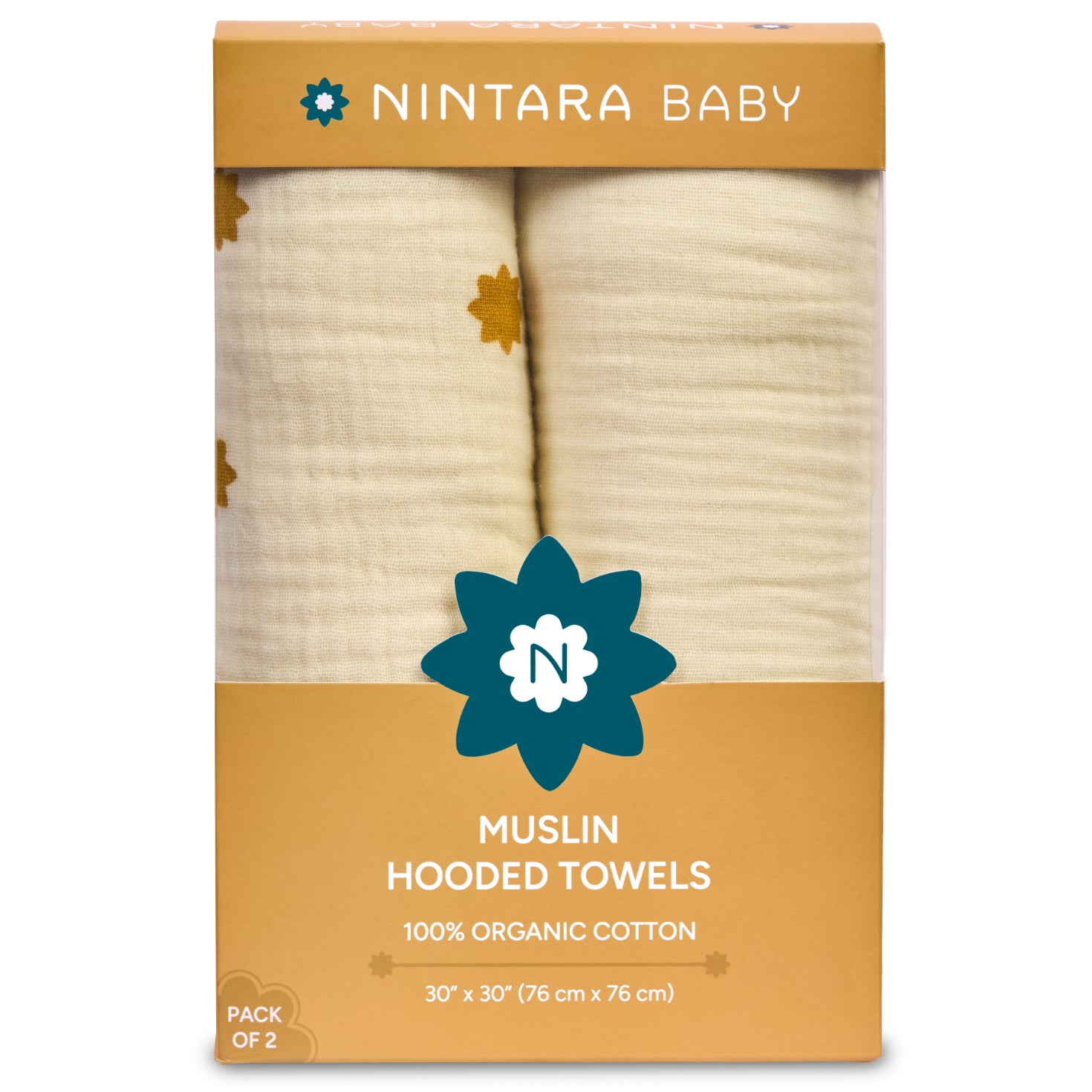 Nintara Baby Hooded Towel - 100% Organic Premium Muslin Cotton, 30" x 30" (76 cm x 76 cm), Ultra-Absorbent, Soft, Breathable, Hypoallergenic, Multipurpose, Gifts for Babies & Infants