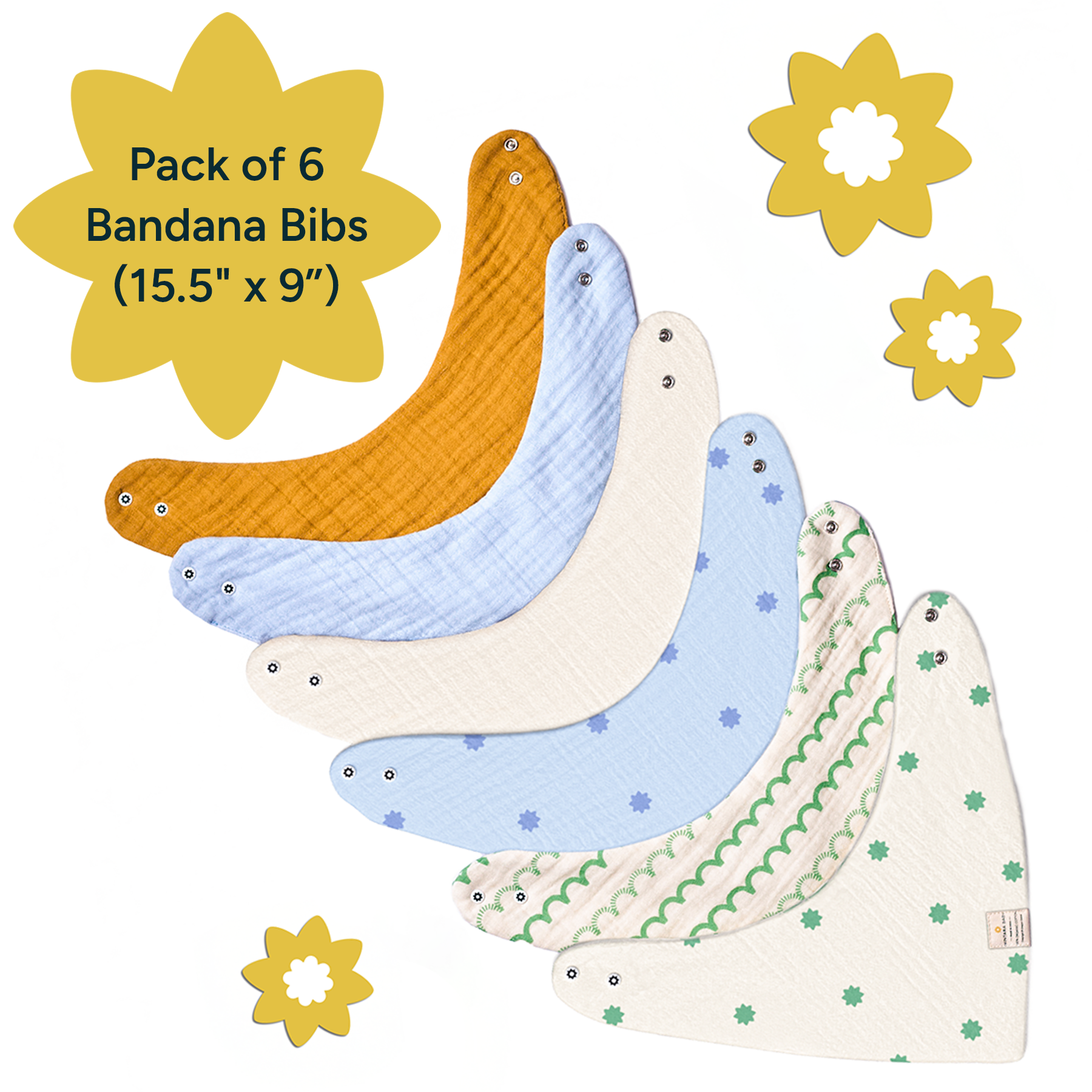 Nintara Baby Bandana Bibs - 100% Organic Premium Muslin Cotton, Absorbent, Soft, Adjustable Snap Buttons, Reversible, 6-Layers for Drooling, Teething, Feeding, Gifts for Babies Ages 0-3