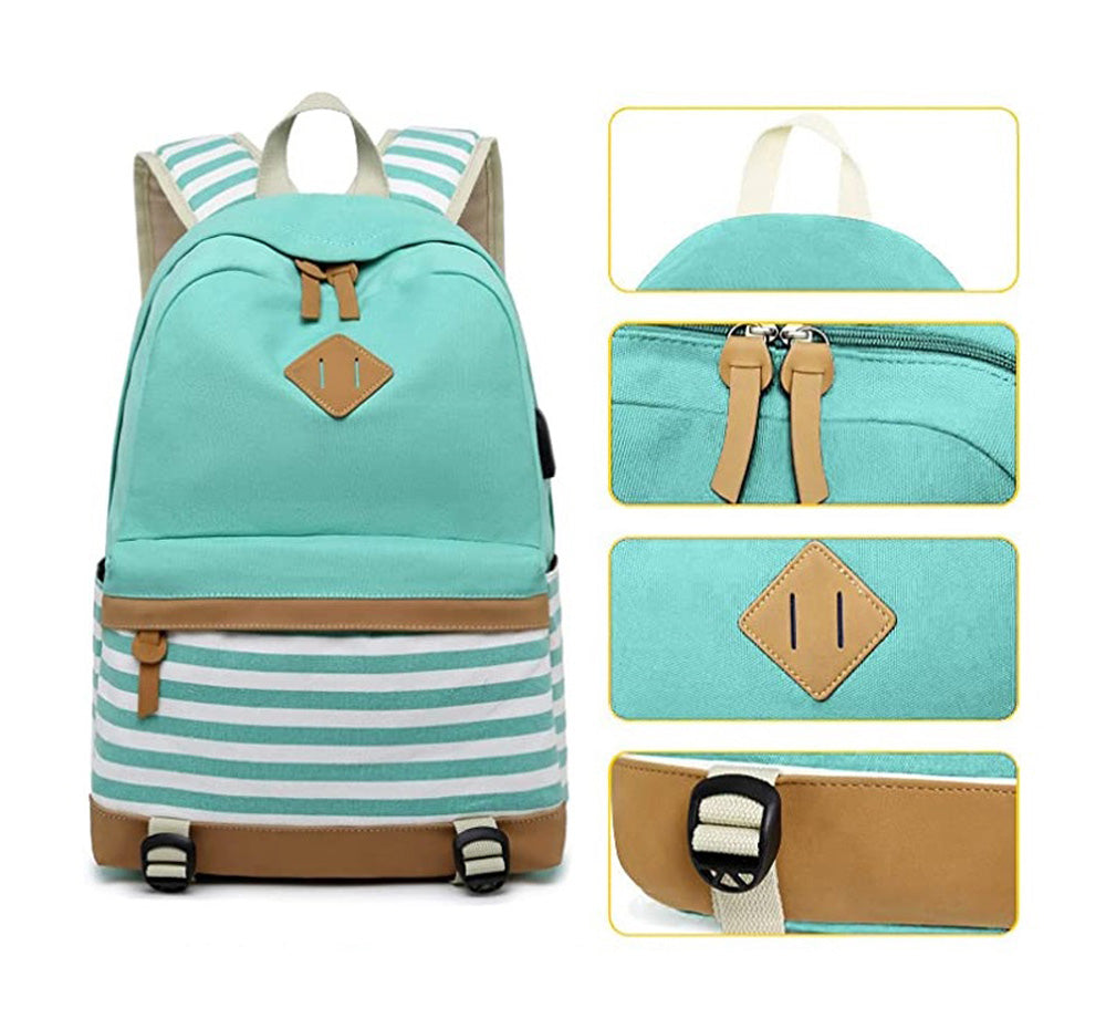 Green Stripes 3 pcs Matching Backpack with Lunch Bag & Stationery Pouch, Mint Green