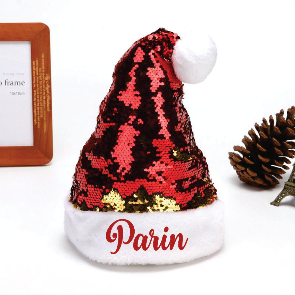 Personalised Sequins Santa Caps -(Red And Gold)