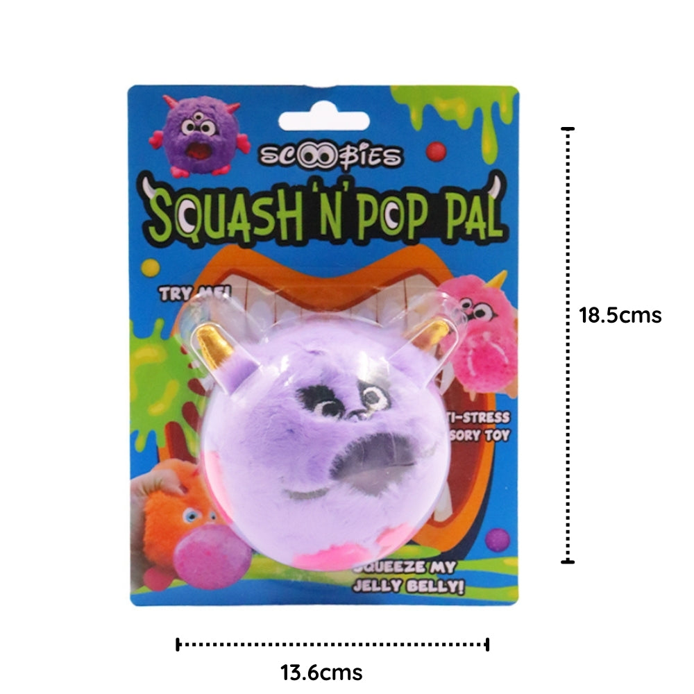 Scoobies Squash N Pop Pal Monster | Pack of 1 | Available in monster shaped furry ball in purple color | Soft and squishy with jelly beads inside | Squeeze it and beads pop out of the mouth | Good for hand muscle exercises and fidgeting