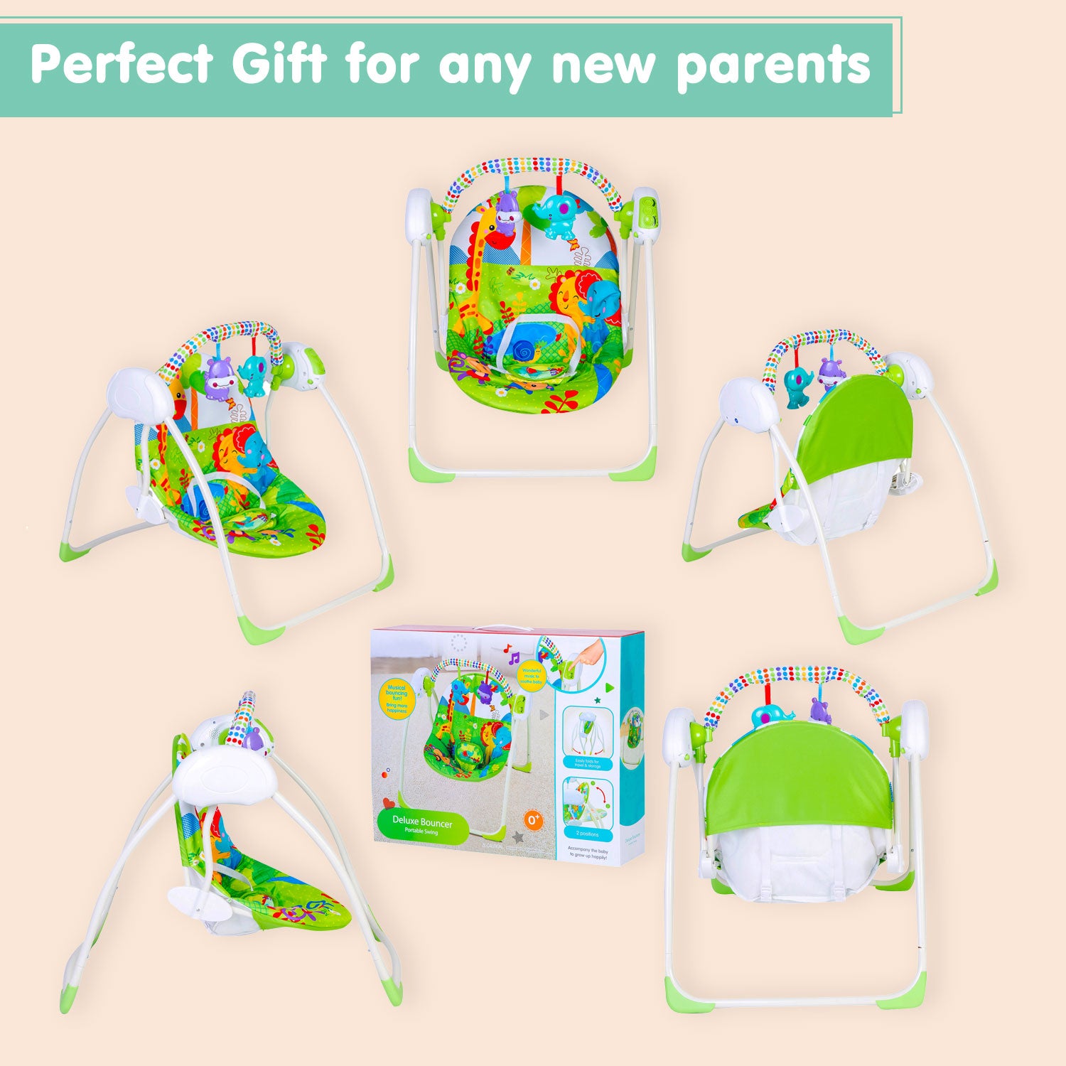 Baby Moo Bright Stars Foldable Musical Comfortable Swing With Animals Green