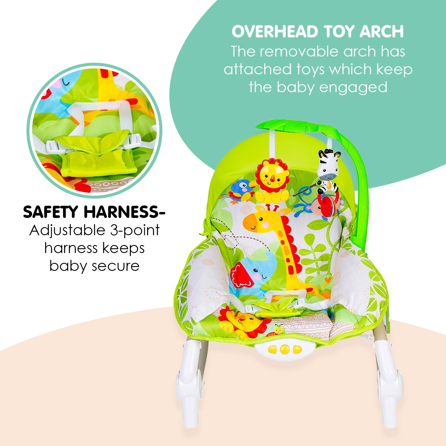 Baby Moo Newborn To Toddler Portable Musical  Rocker With Hanging Toys Green