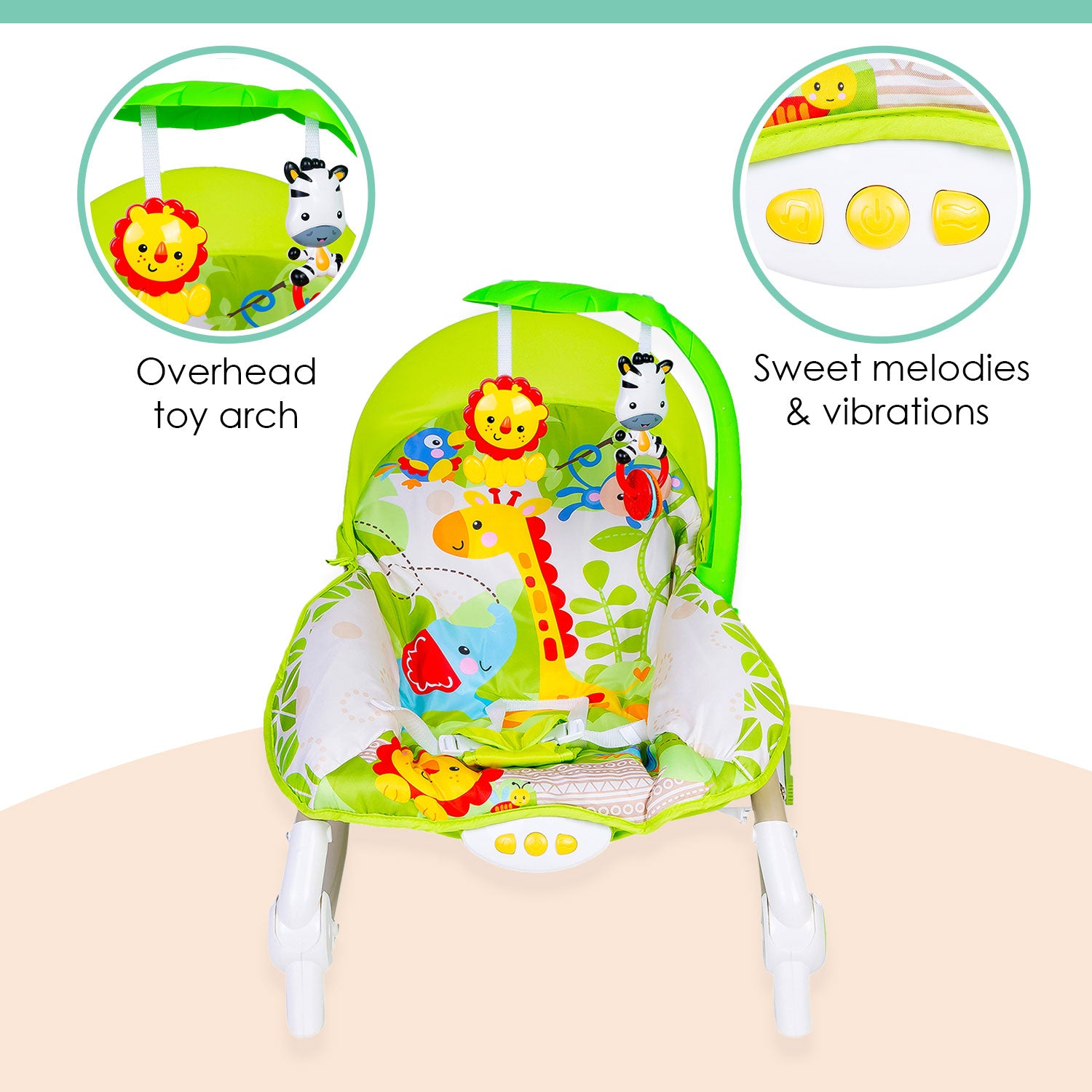 Baby Moo Newborn To Toddler Portable Musical  Rocker With Hanging Toys Green