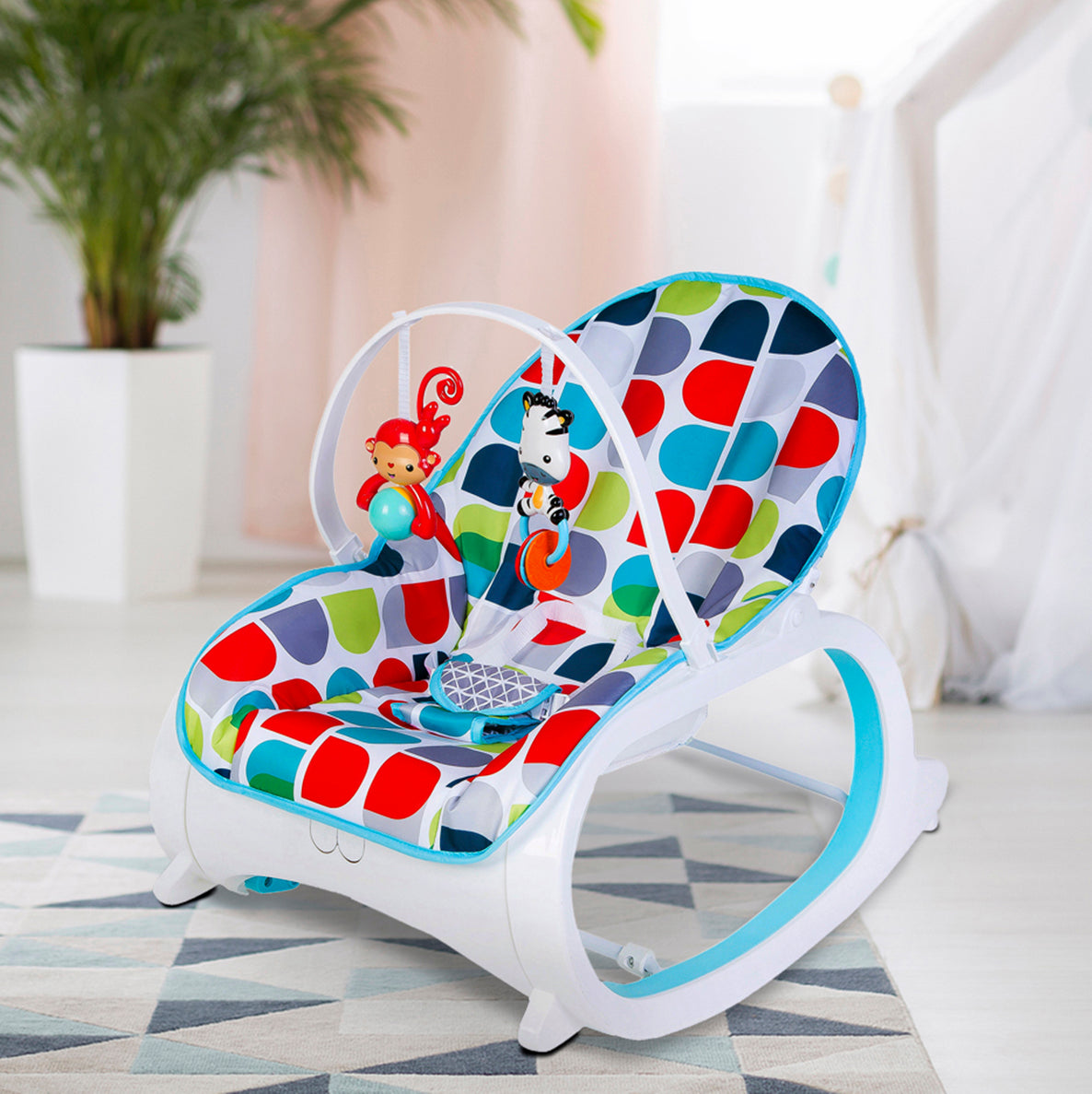 Baby Moo Infant To Toddler Polka Dotted Portable Rocker With Hanging Toys Blue