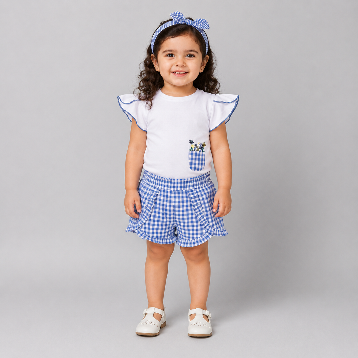 My Milestones 100% Cotton Tulip Sleeve Tee With Ruffle Gingham Shorts & Hairband - White & Blue