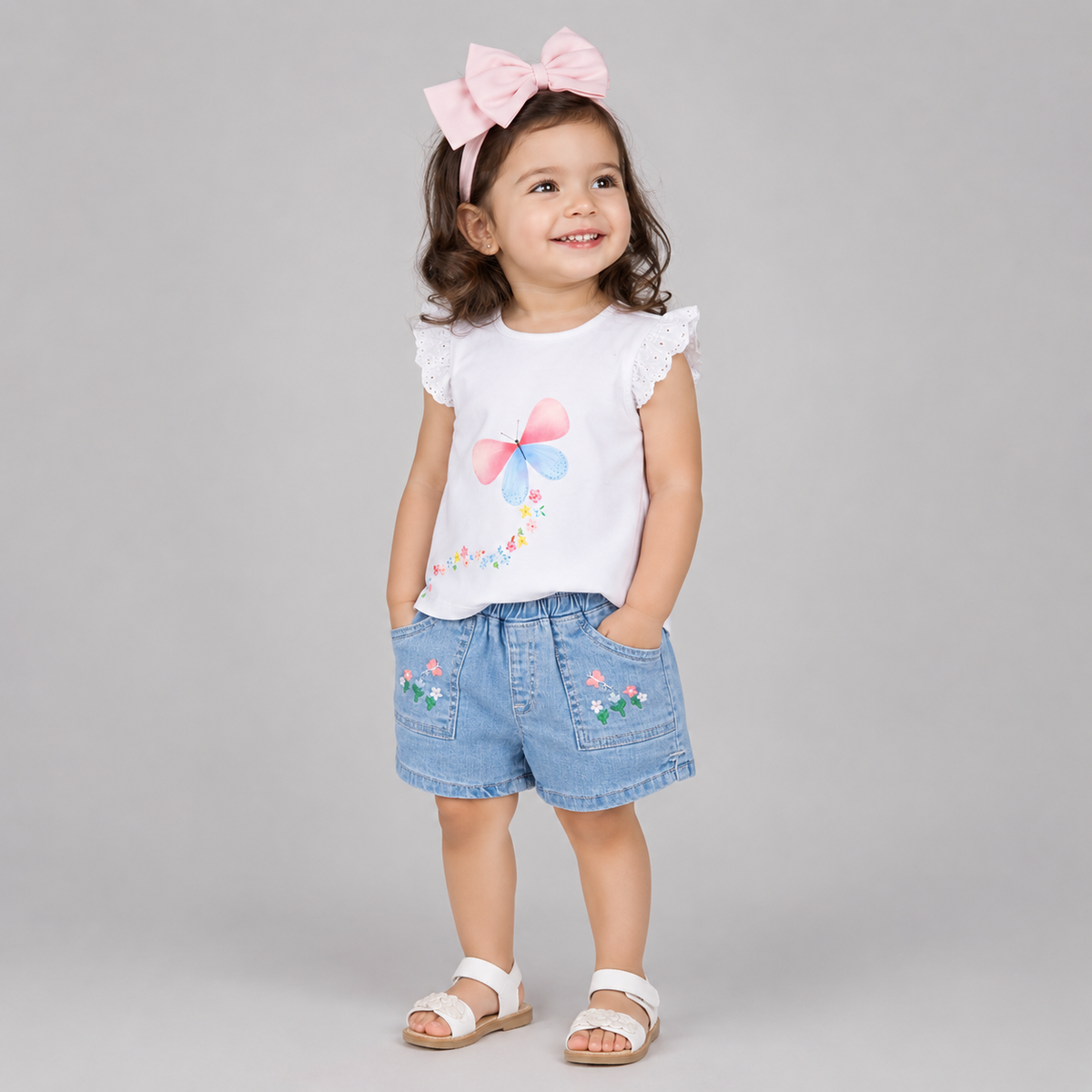 Butterfly Print Tee With Denim Shorts & Hairband - White & Blue