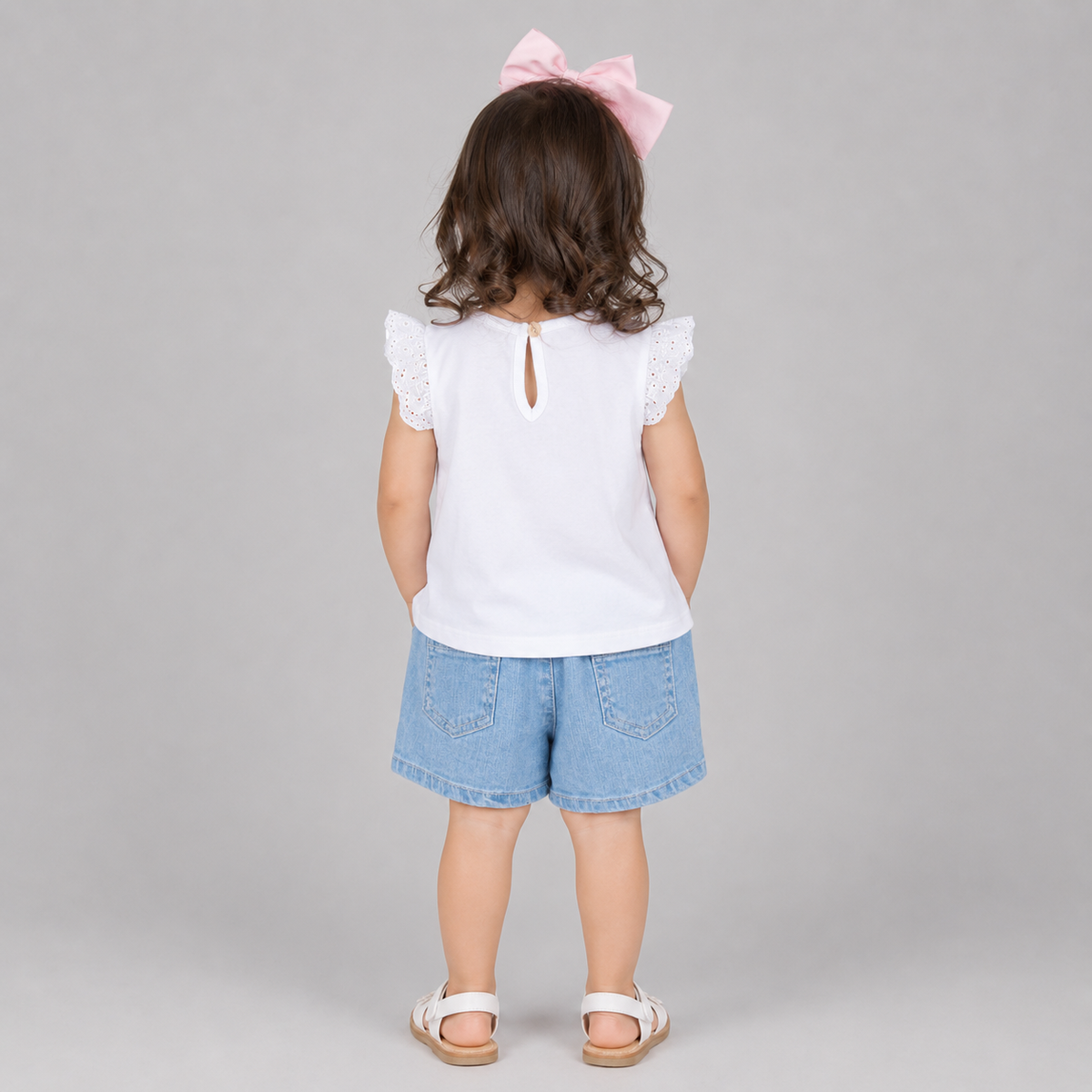 Butterfly Print Tee With Denim Shorts & Hairband - White & Blue