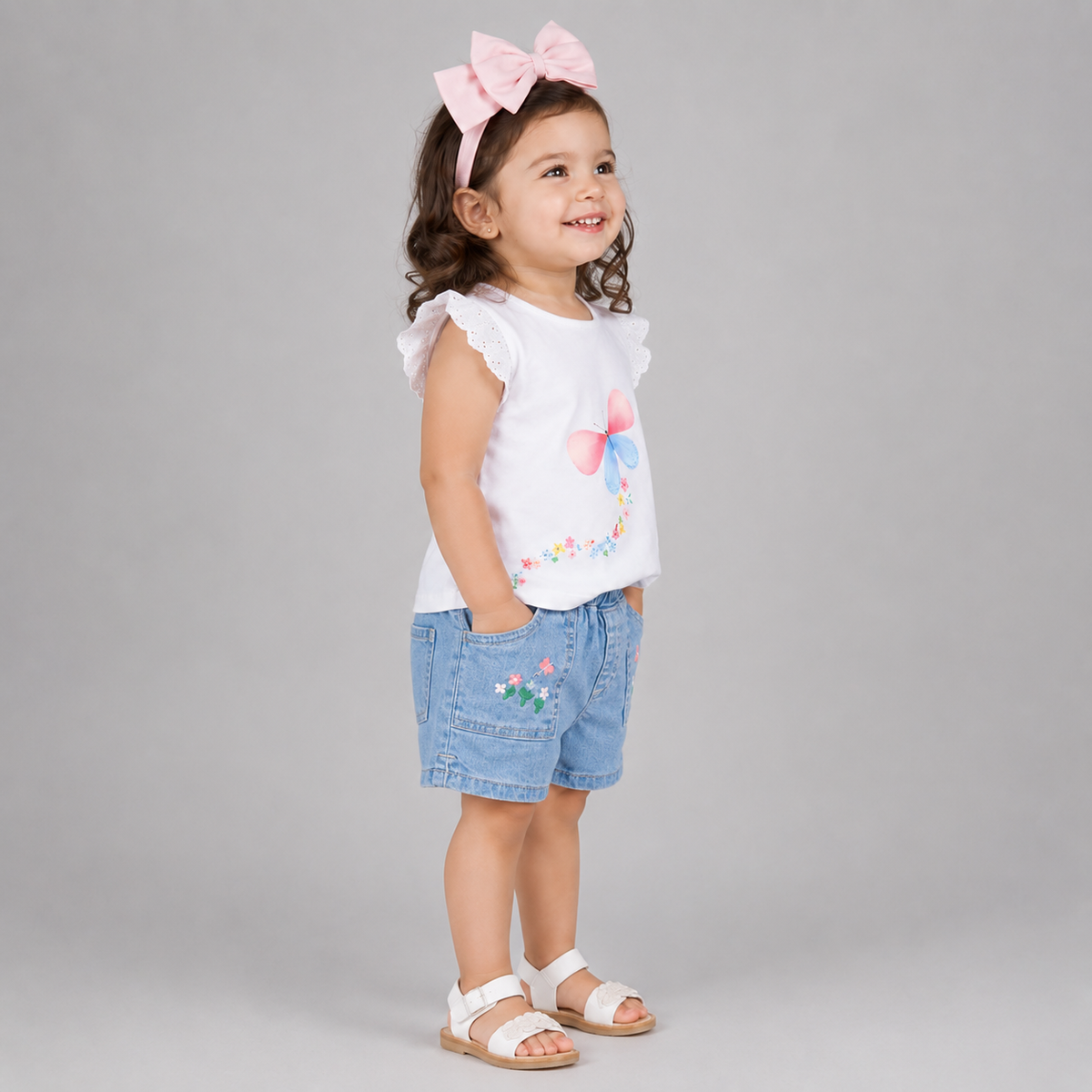 Butterfly Print Tee With Denim Shorts & Hairband - White & Blue