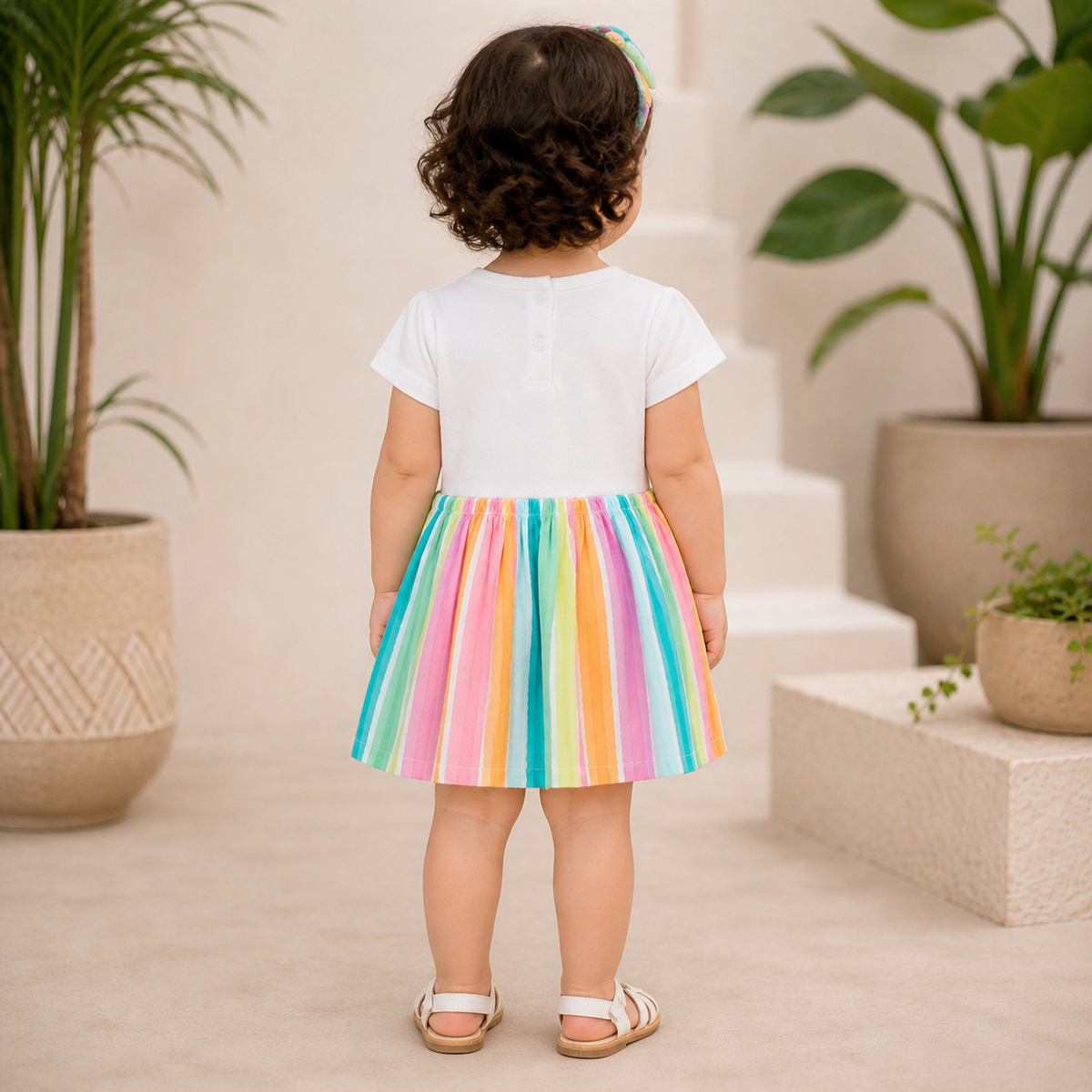Rainbow Seersucker Stripes Mix-Media Dress With Hairband - Multi