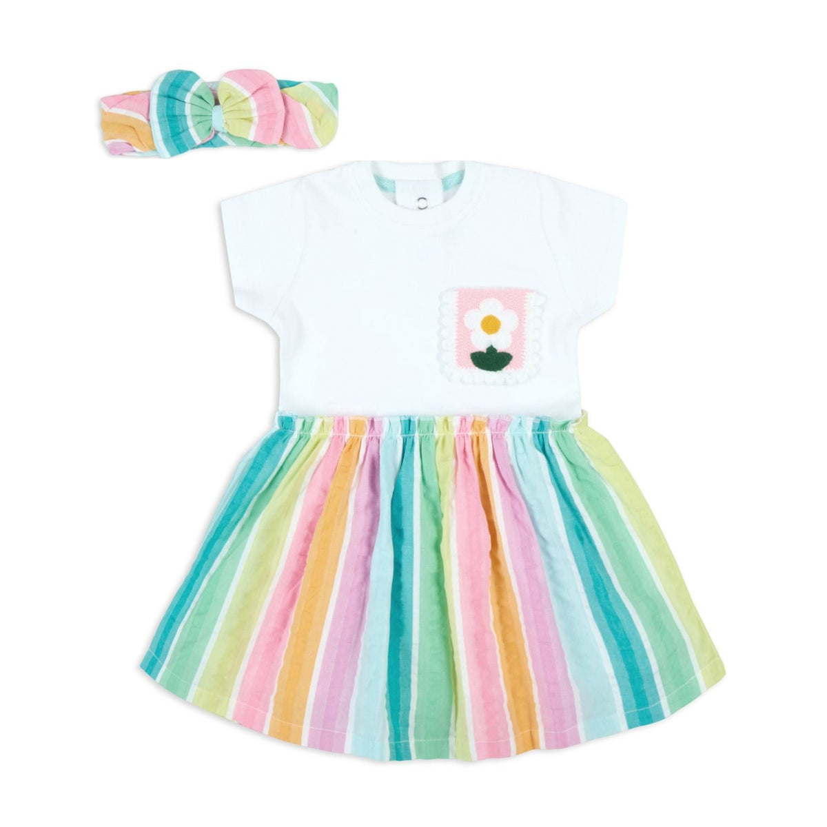 Rainbow Seersucker Stripes Mix-Media Dress With Hairband - Multi
