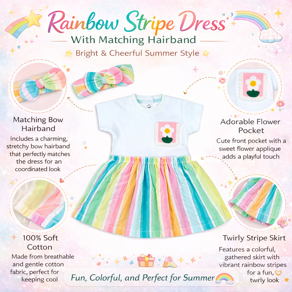 Rainbow Seersucker Stripes Mix-Media Dress With Hairband - Multi