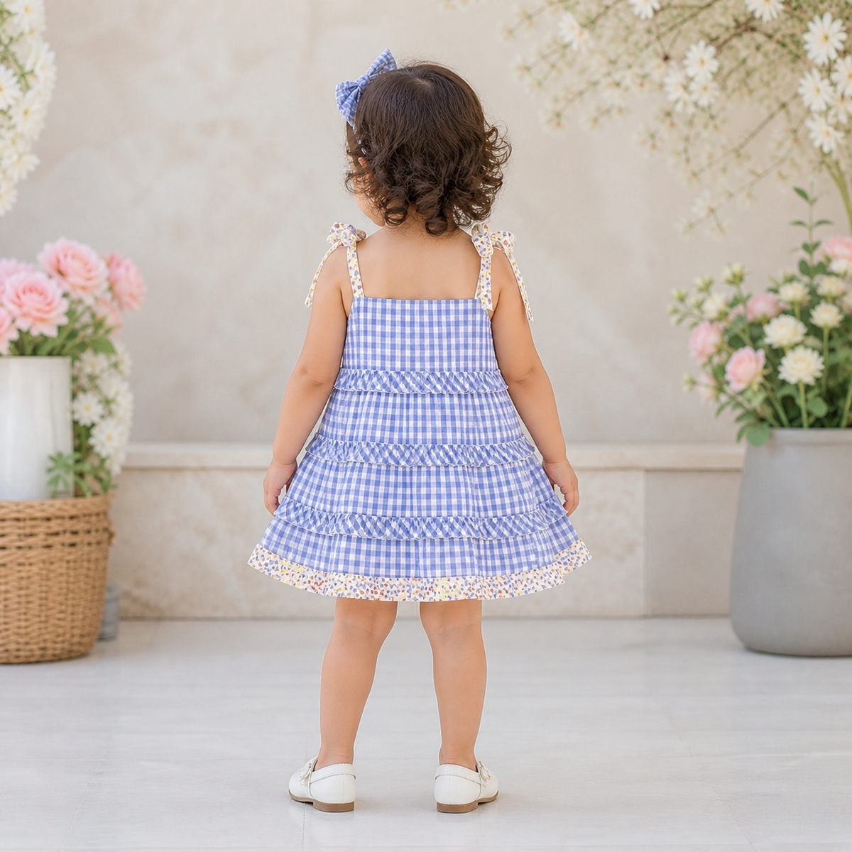 Gingham Tiered Dress With Hairband - Blue