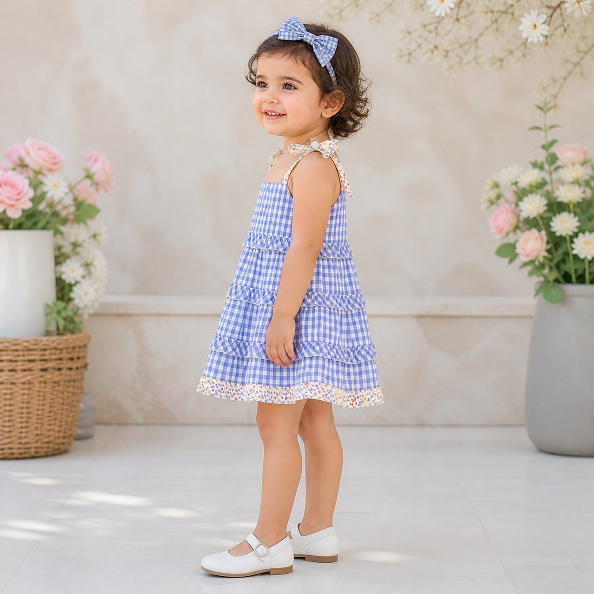Gingham Tiered Dress With Hairband - Blue