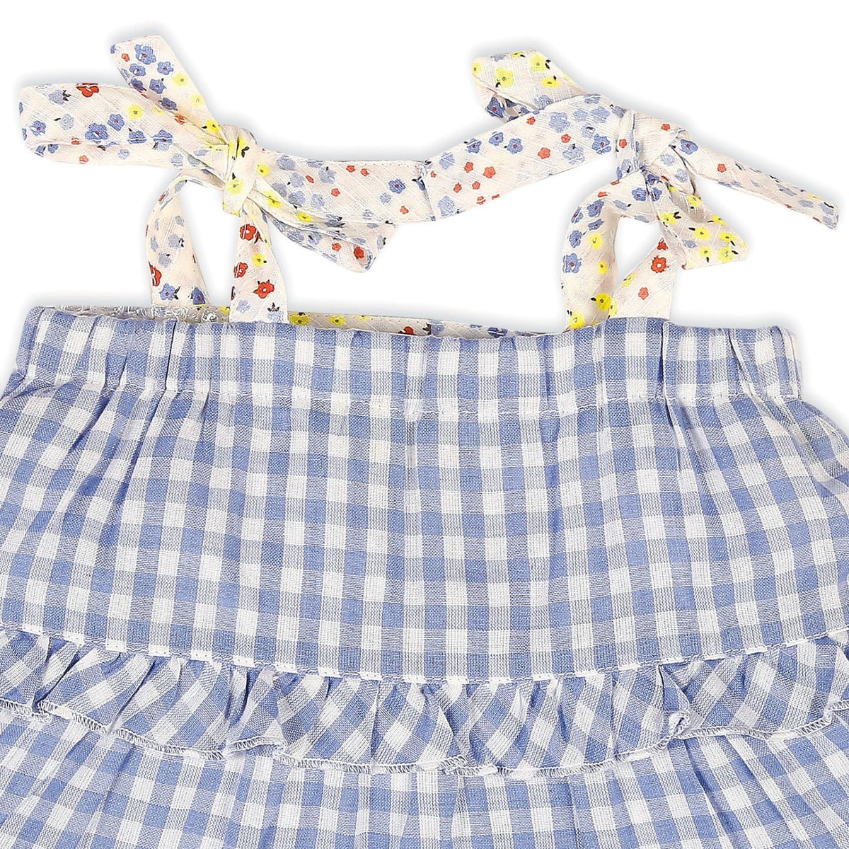 Gingham Tiered Dress With Hairband - Blue