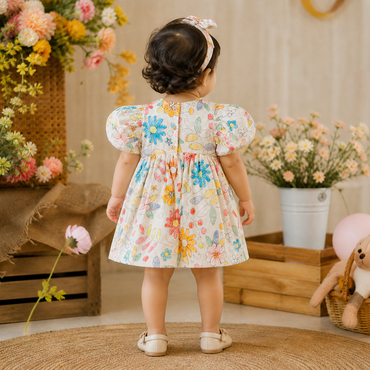 Floral Printed Puff Sleeves Dress With Bloomers & Hairband - Off White